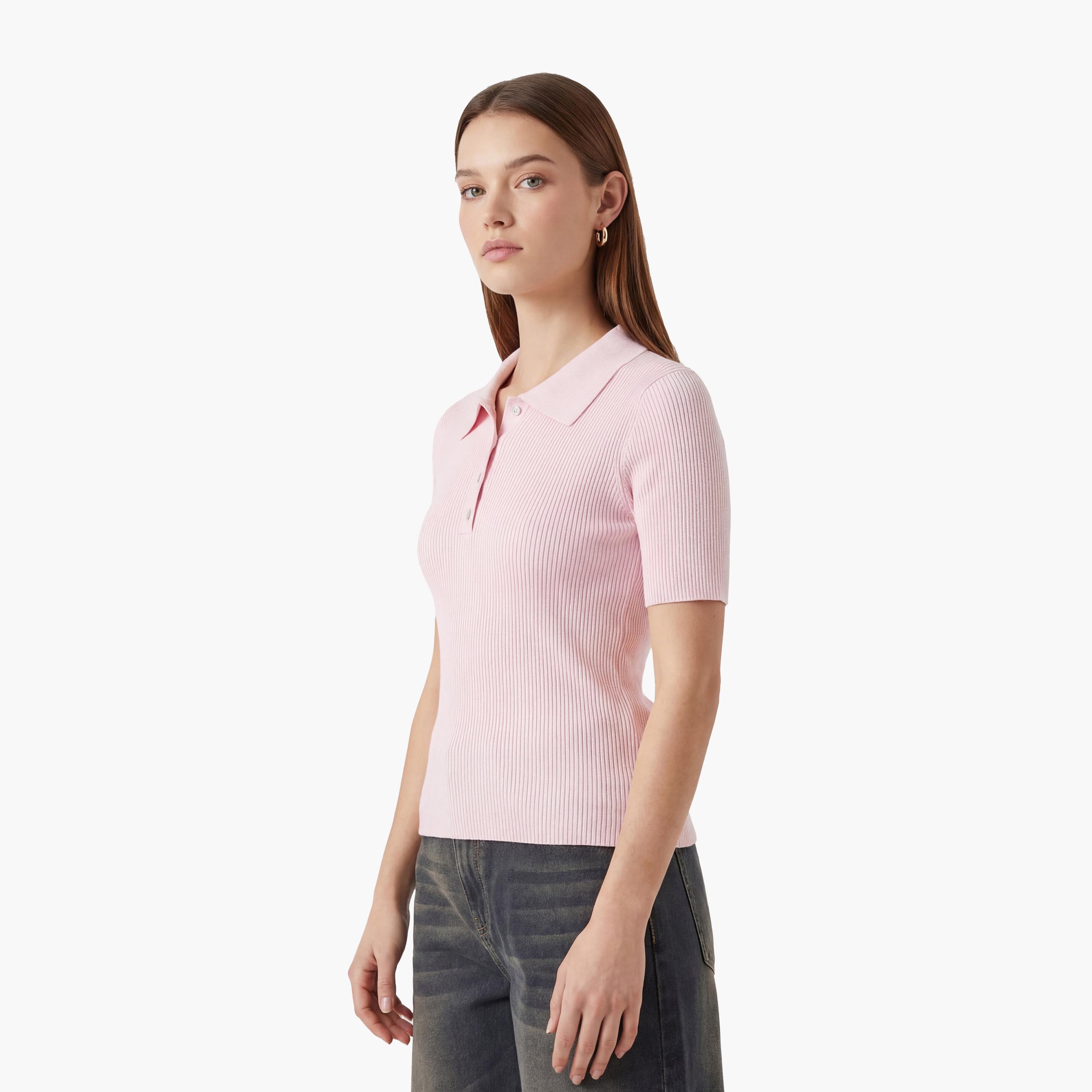 تيشيرت بولو محبوك وردي بياقة مضلعة للنساء من كوتون-women-clothing-tshirts-image-3