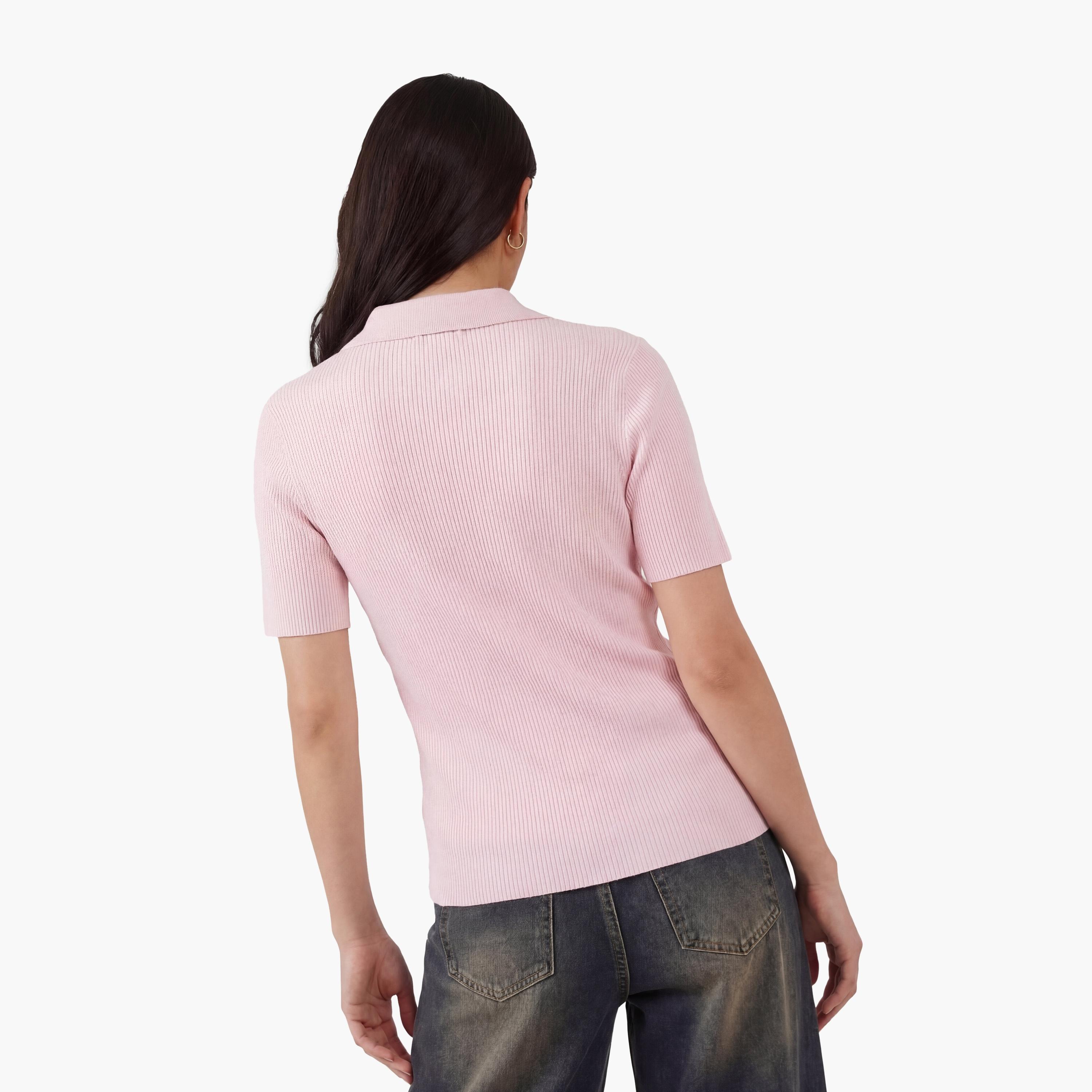 تيشيرت بولو محبوك وردي بياقة مضلعة للنساء من كوتون-women-clothing-tshirts-image-4
