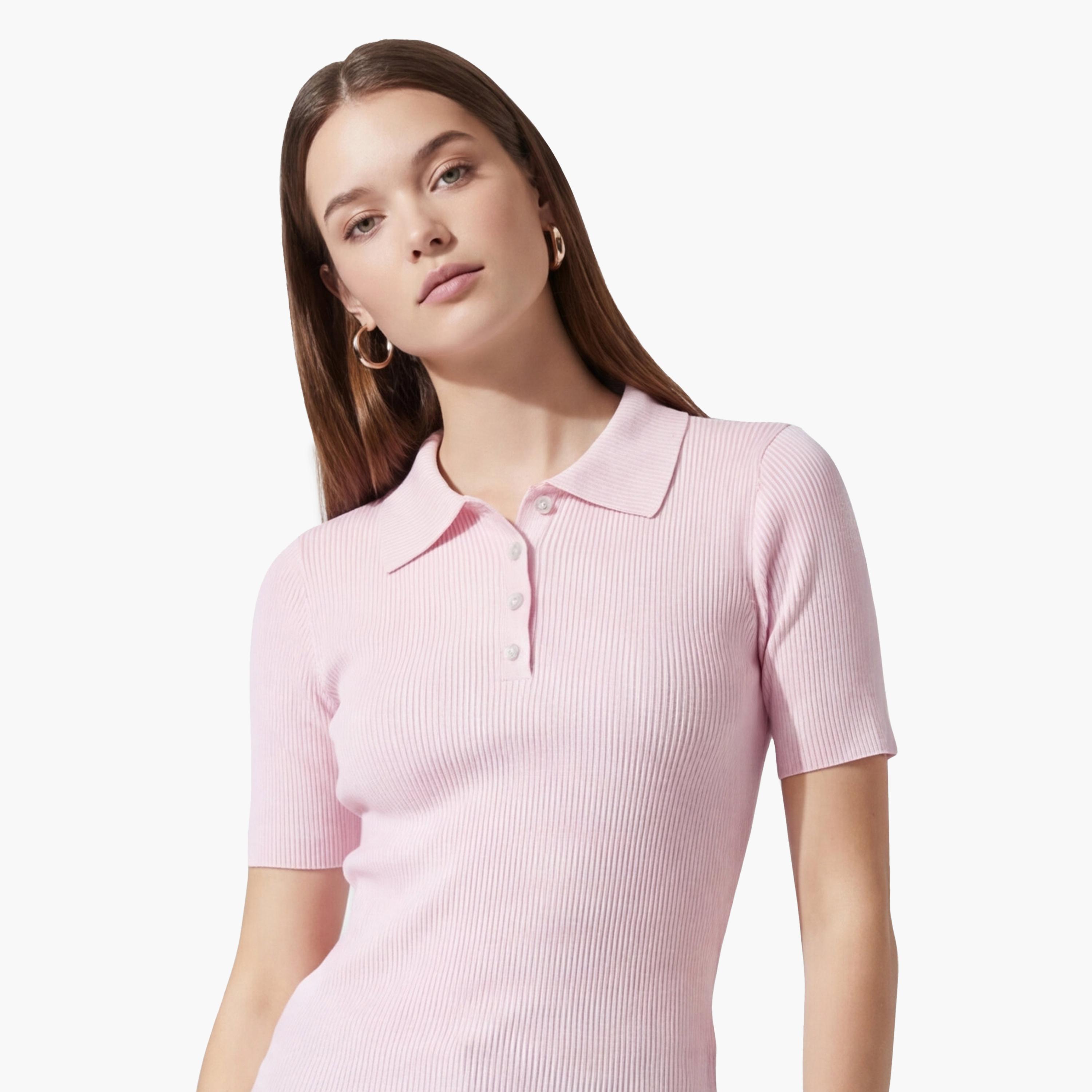 تيشيرت بولو محبوك وردي بياقة مضلعة للنساء من كوتون-women-clothing-tshirts-image-5