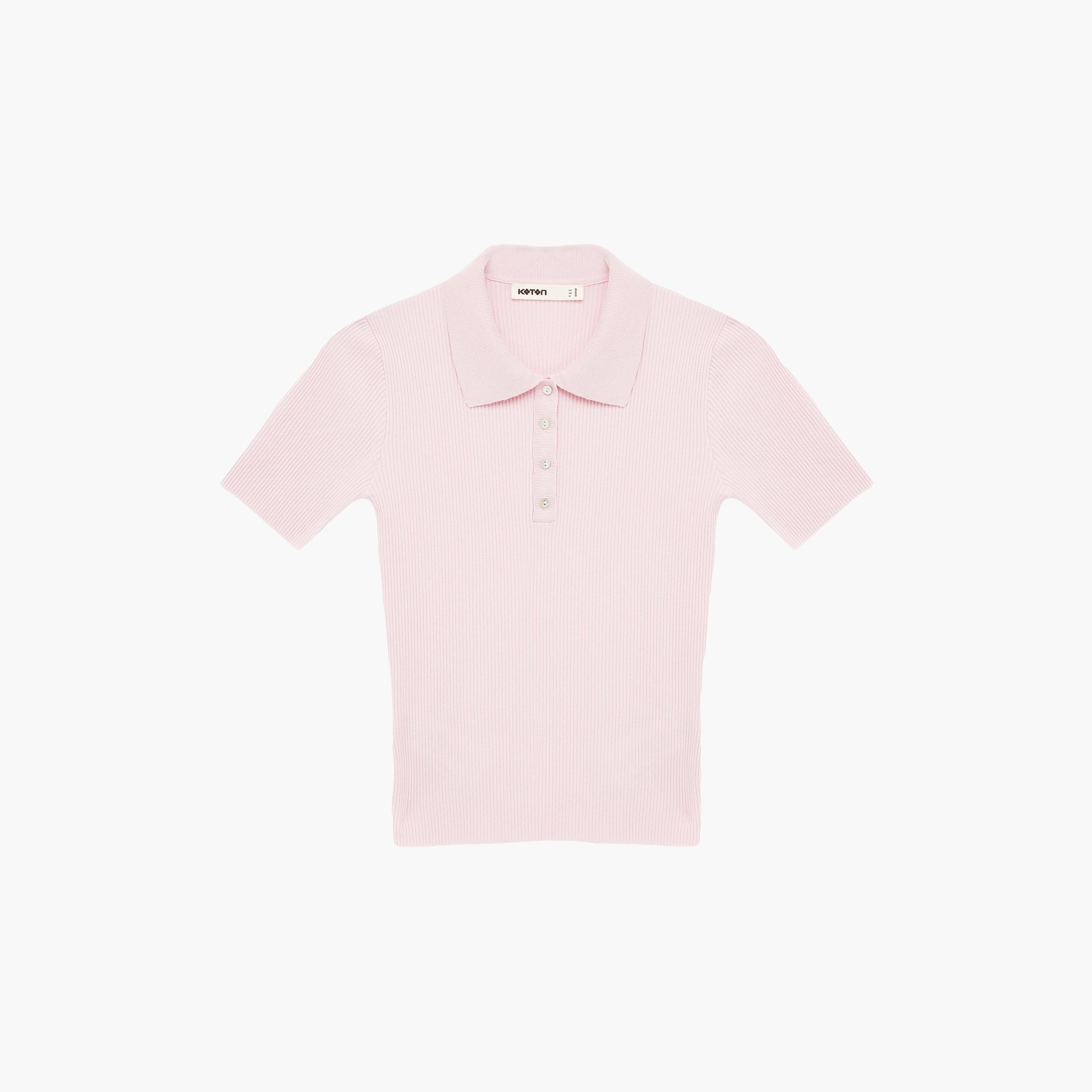 تيشيرت بولو محبوك وردي بياقة مضلعة للنساء من كوتون-women-clothing-tshirts-image-6