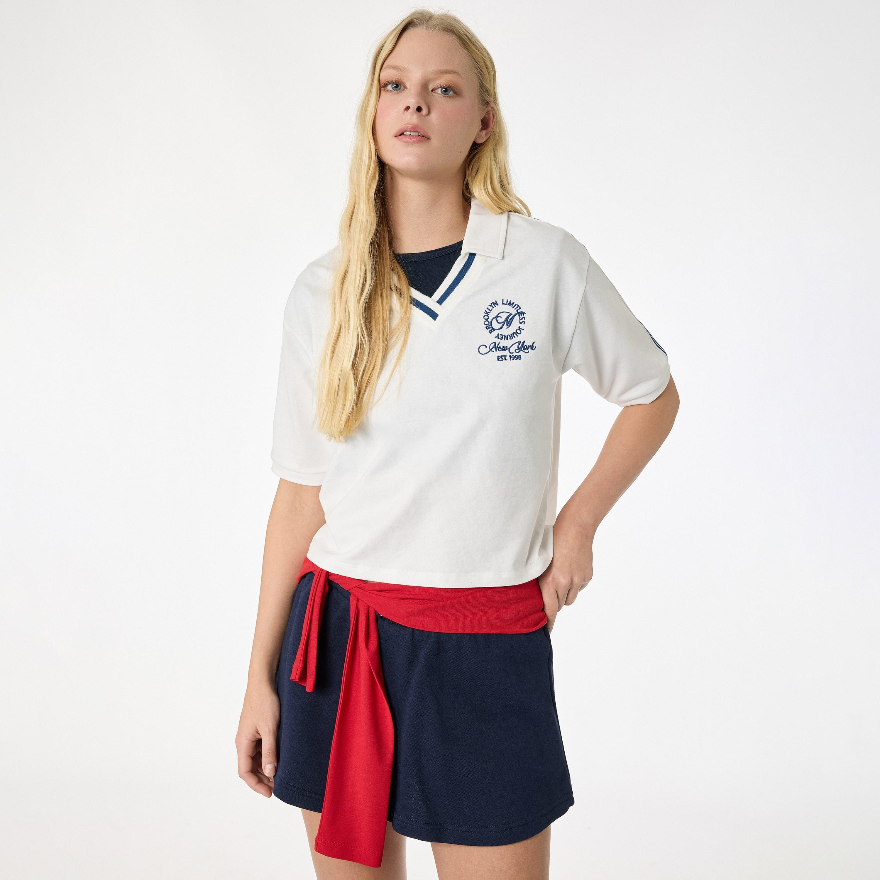 KOTON White Embroidered Collared Women's Polo T-Shirt-women-clothing-tshirts-image-1