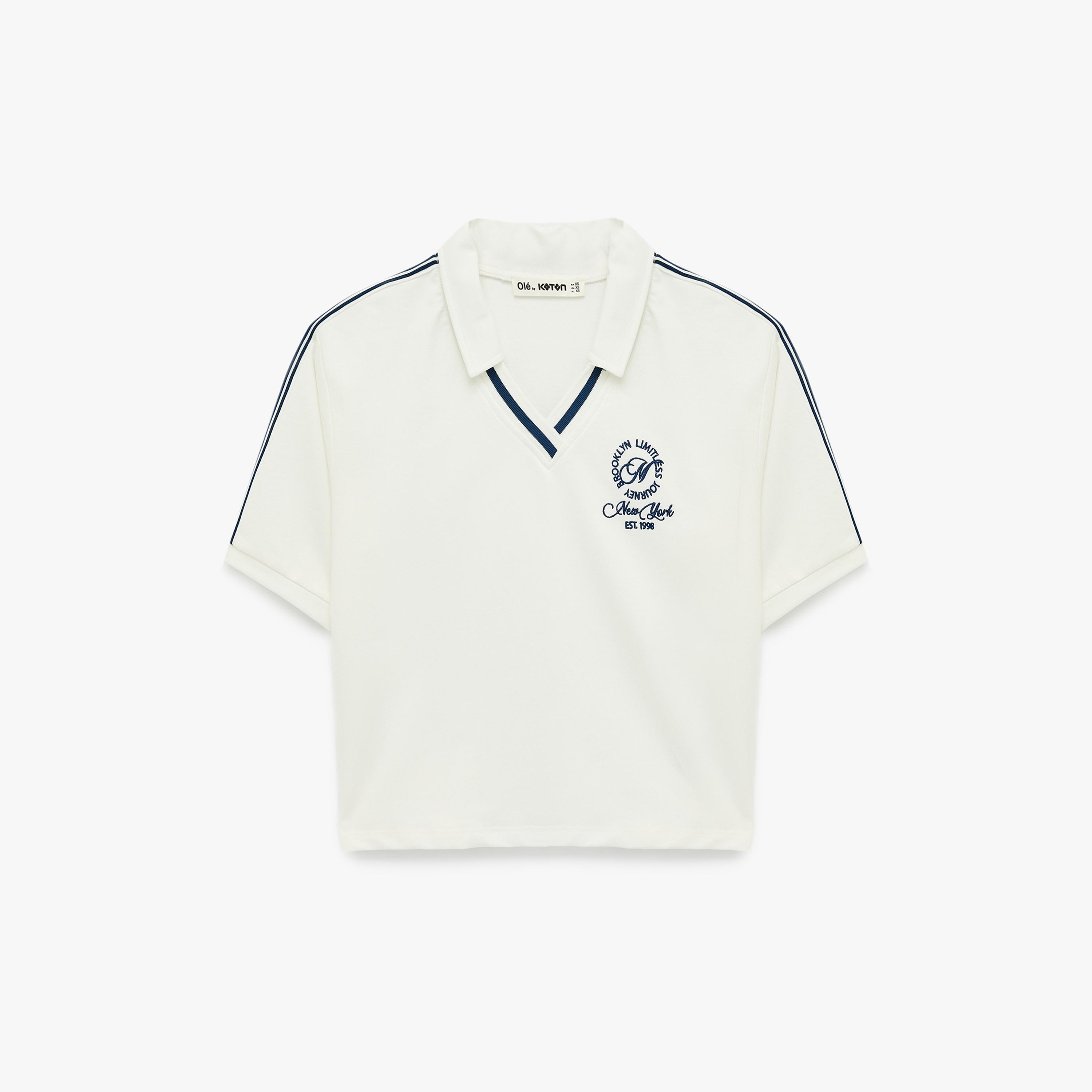 KOTON White Embroidered Collared Women's Polo T-Shirt-women-clothing-tshirts-image-3