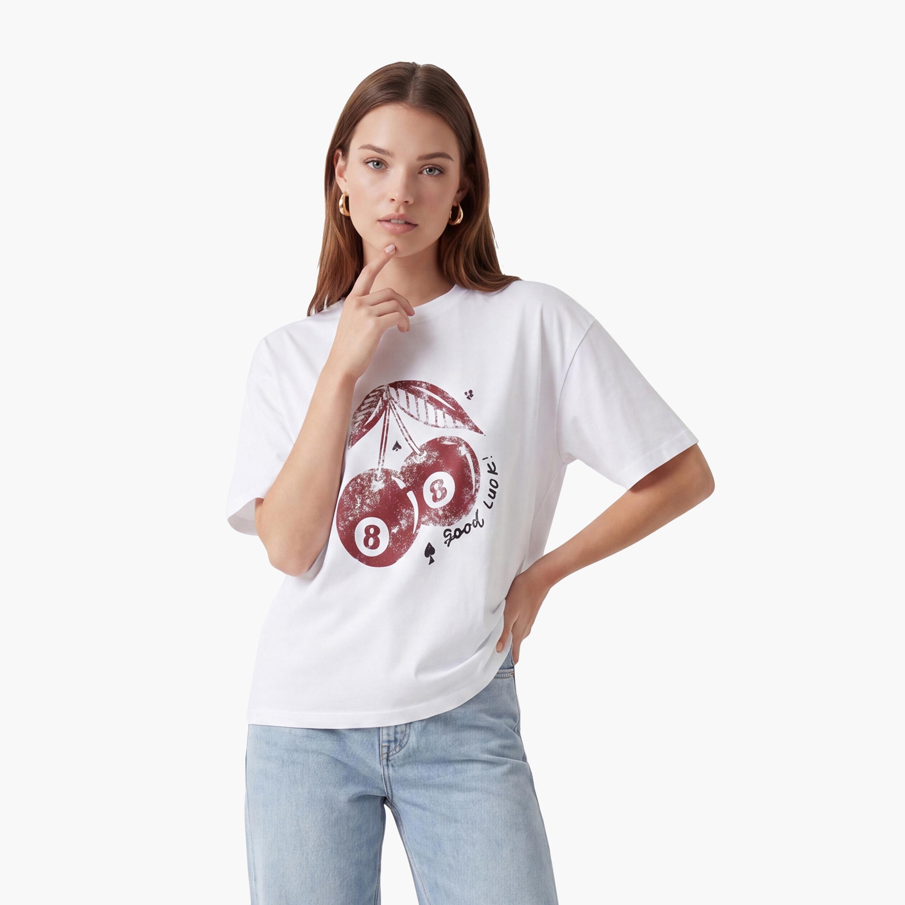 KOTON White Graphic Print Cotton Women's T-Shirt-women-clothing-tshirts-image-1