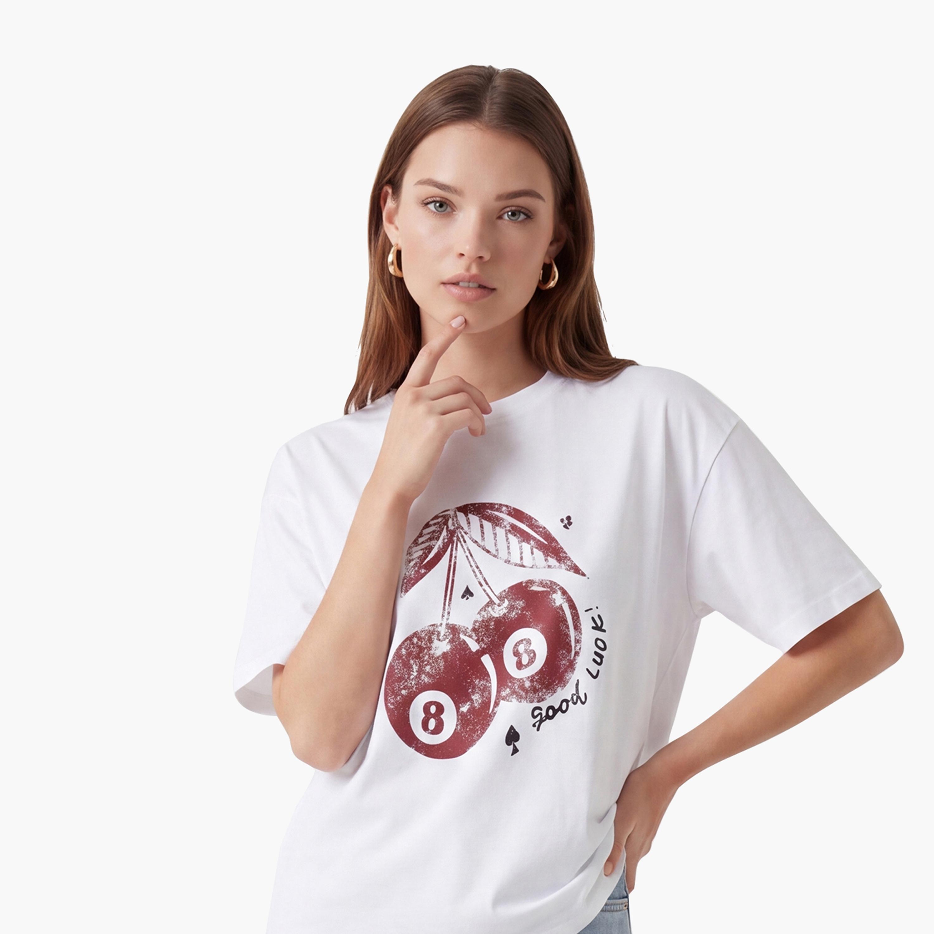 KOTON White Graphic Print Cotton Women's T-Shirt-women-clothing-tshirts-image-5