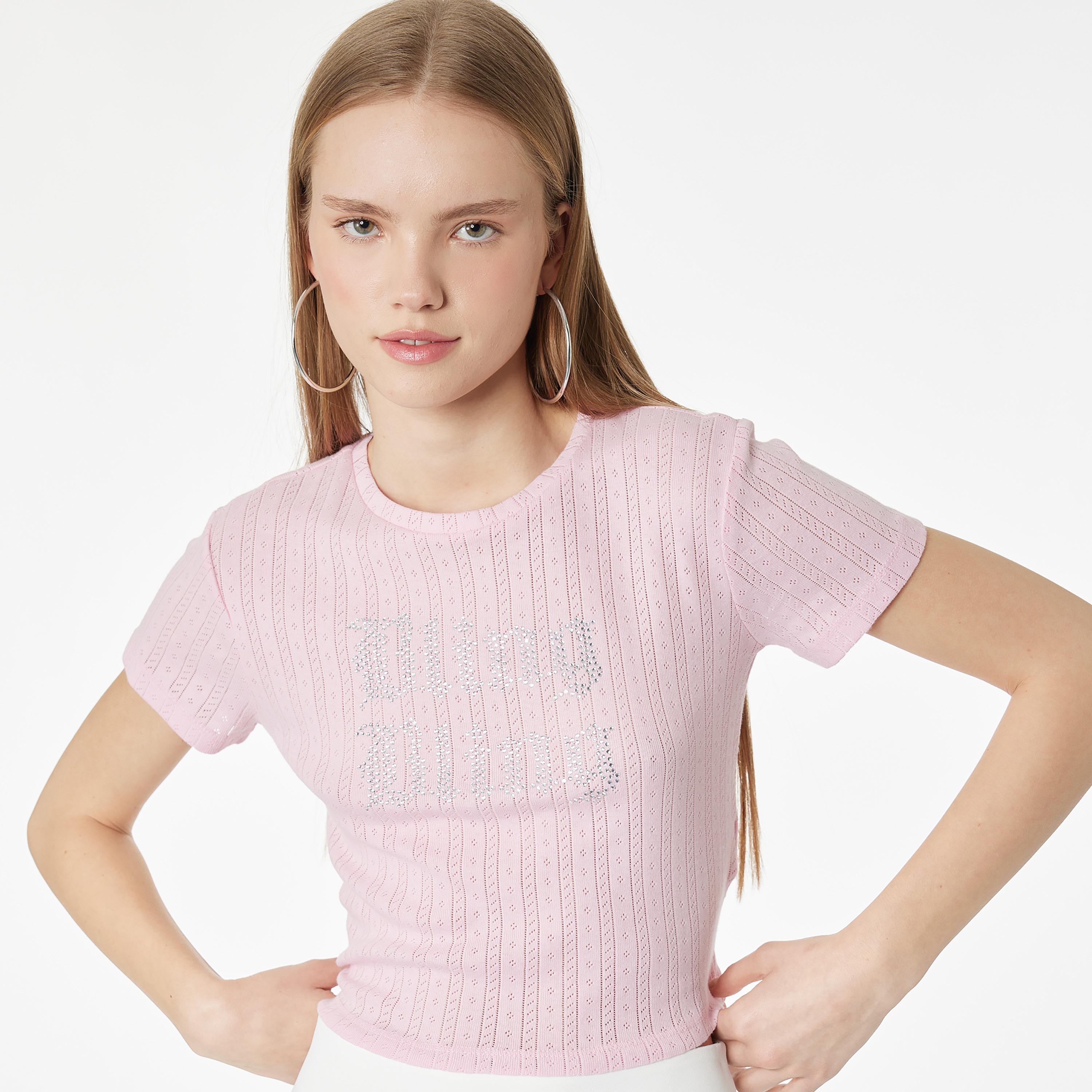 KOTON Pink Hotfix Stone Patterned Cotton Women's Top-women-clothing-shirtsandblouses-blouses-image-3