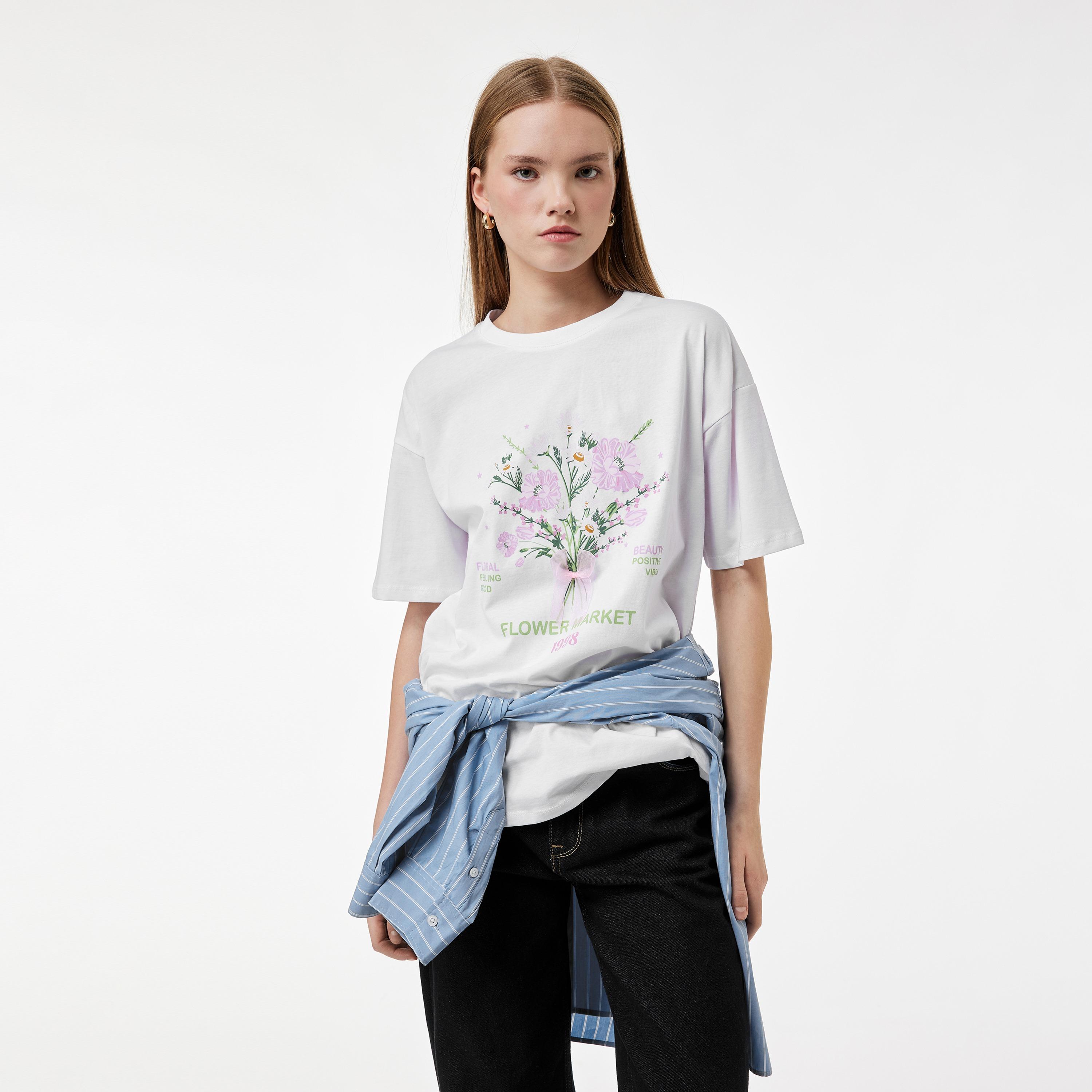 KOTON White Graphic Floral Print Cotton Drop Shoulder Sleeves Women's T-Shirt-women-clothing-tshirts-image-1