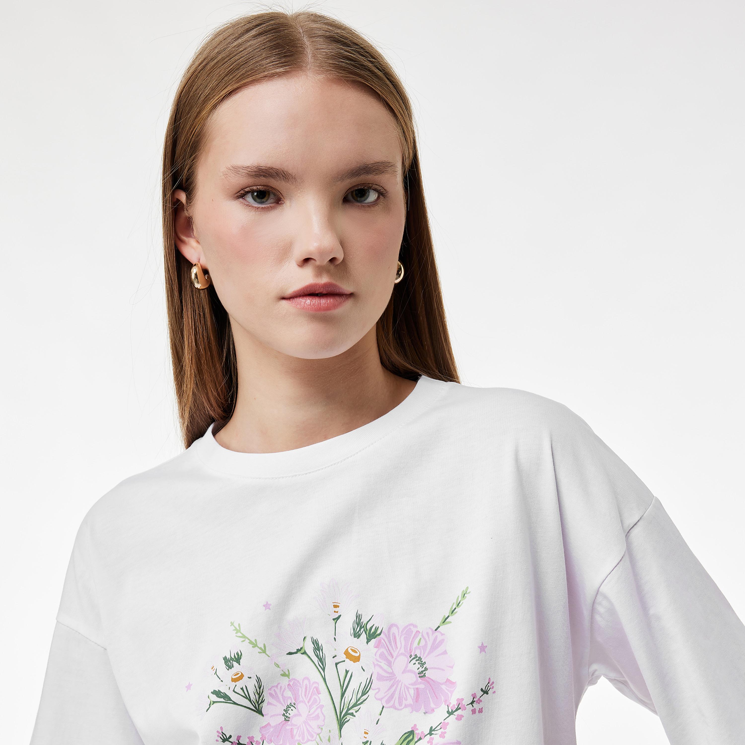 KOTON White Graphic Floral Print Cotton Drop Shoulder Sleeves Women's T-Shirt-women-clothing-tshirts-image-2