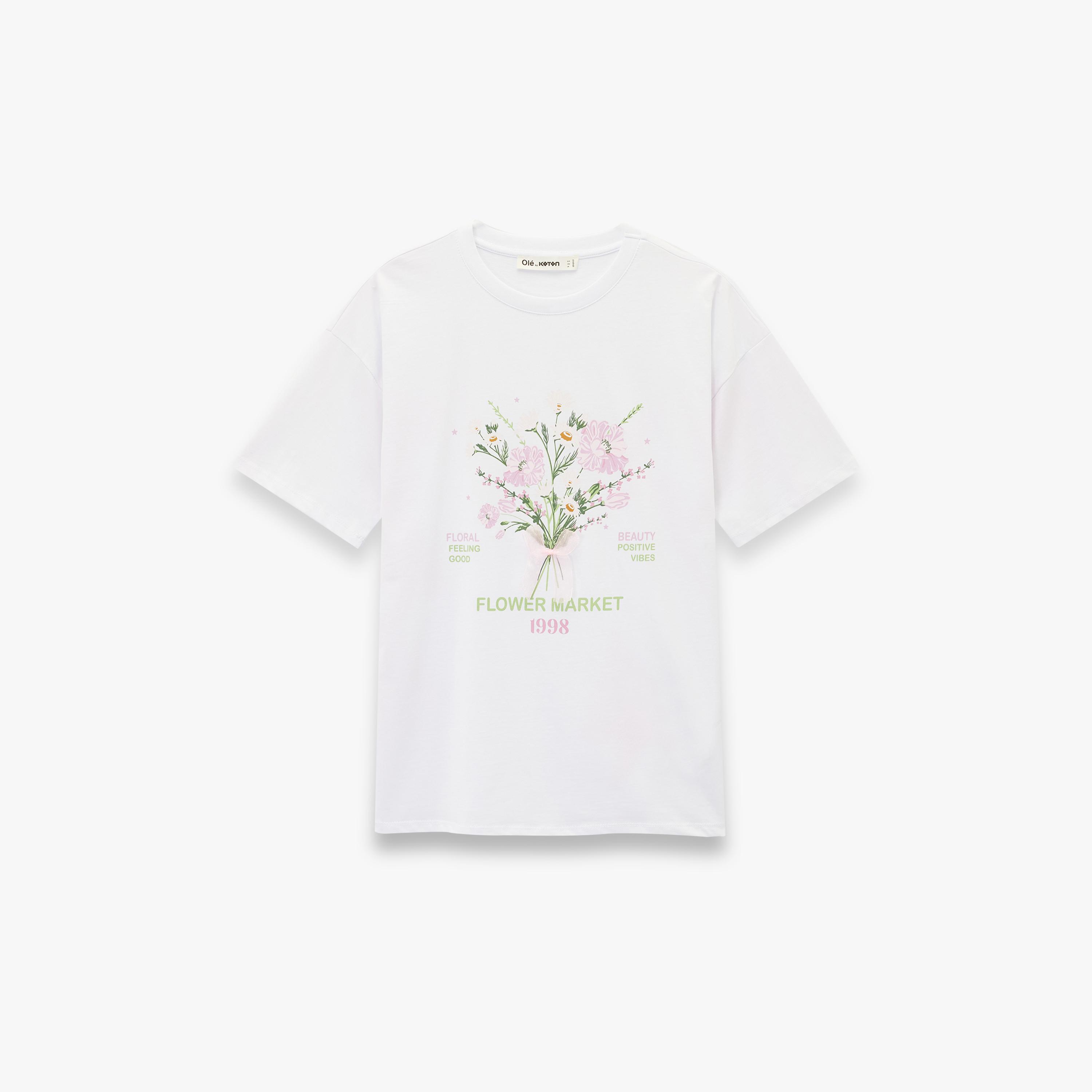 KOTON White Graphic Floral Print Cotton Drop Shoulder Sleeves Women's T-Shirt-women-clothing-tshirts-image-3