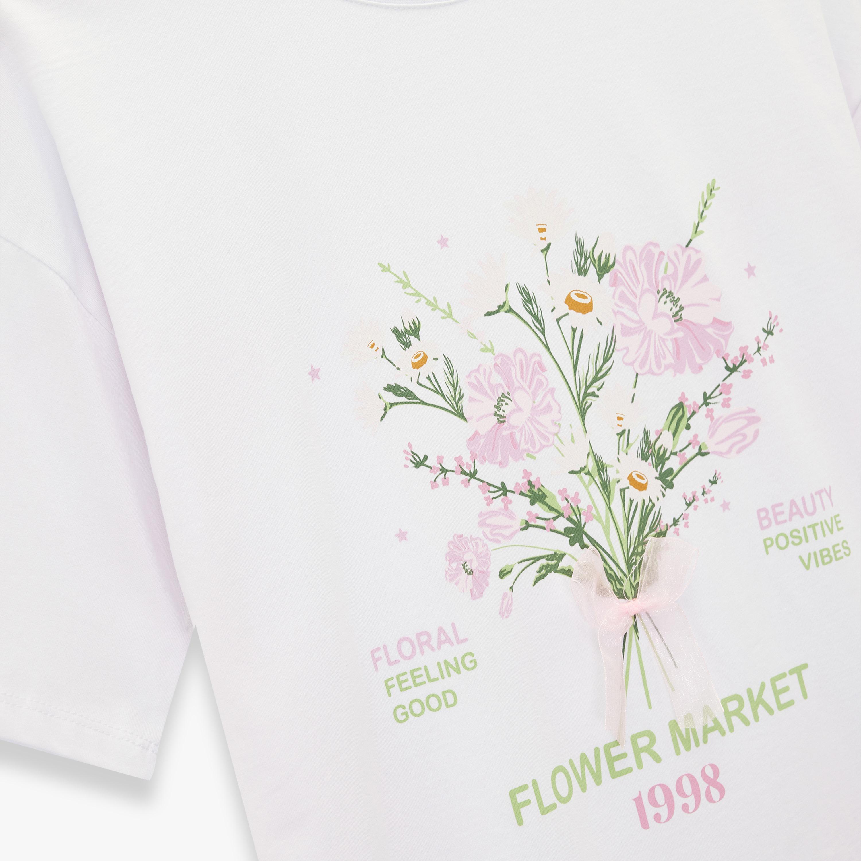 KOTON White Graphic Floral Print Cotton Drop Shoulder Sleeves Women's T-Shirt-women-clothing-tshirts-image-5