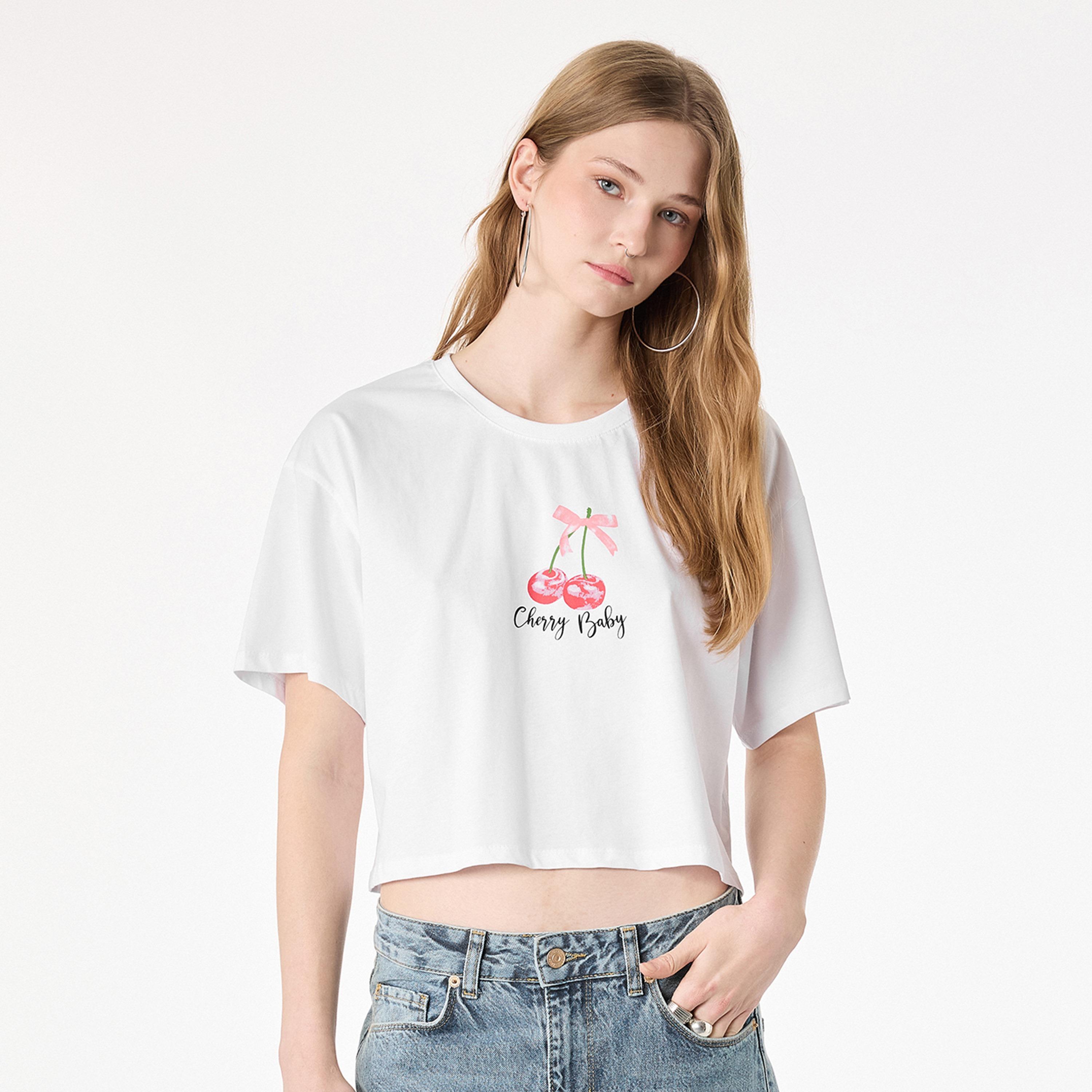 KOTON White Graphic Cherry Cotton Women's T-Shirt-women-clothing-tshirts-image-1
