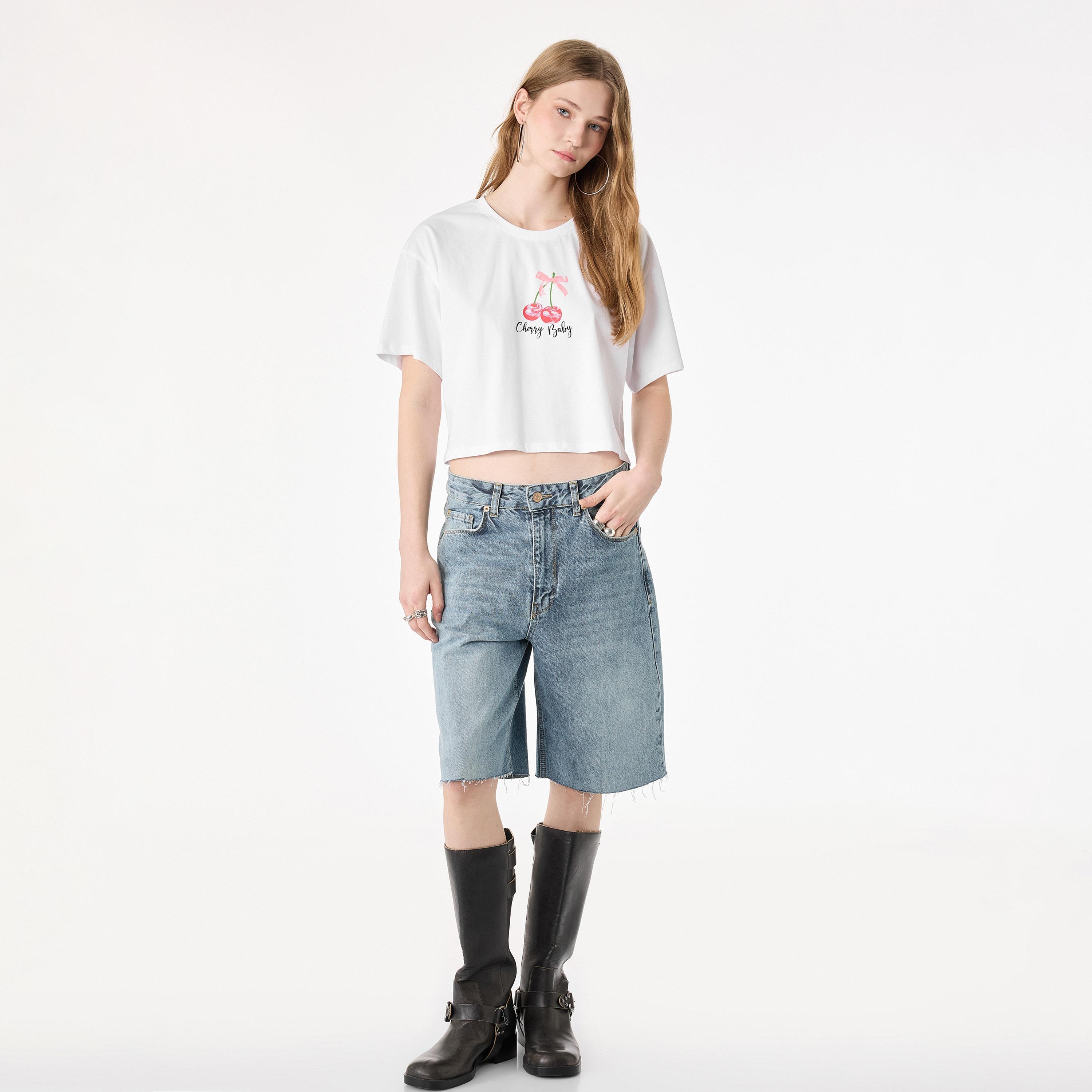 KOTON White Graphic Cherry Cotton Women's T-Shirt-women-clothing-tshirts-image-2