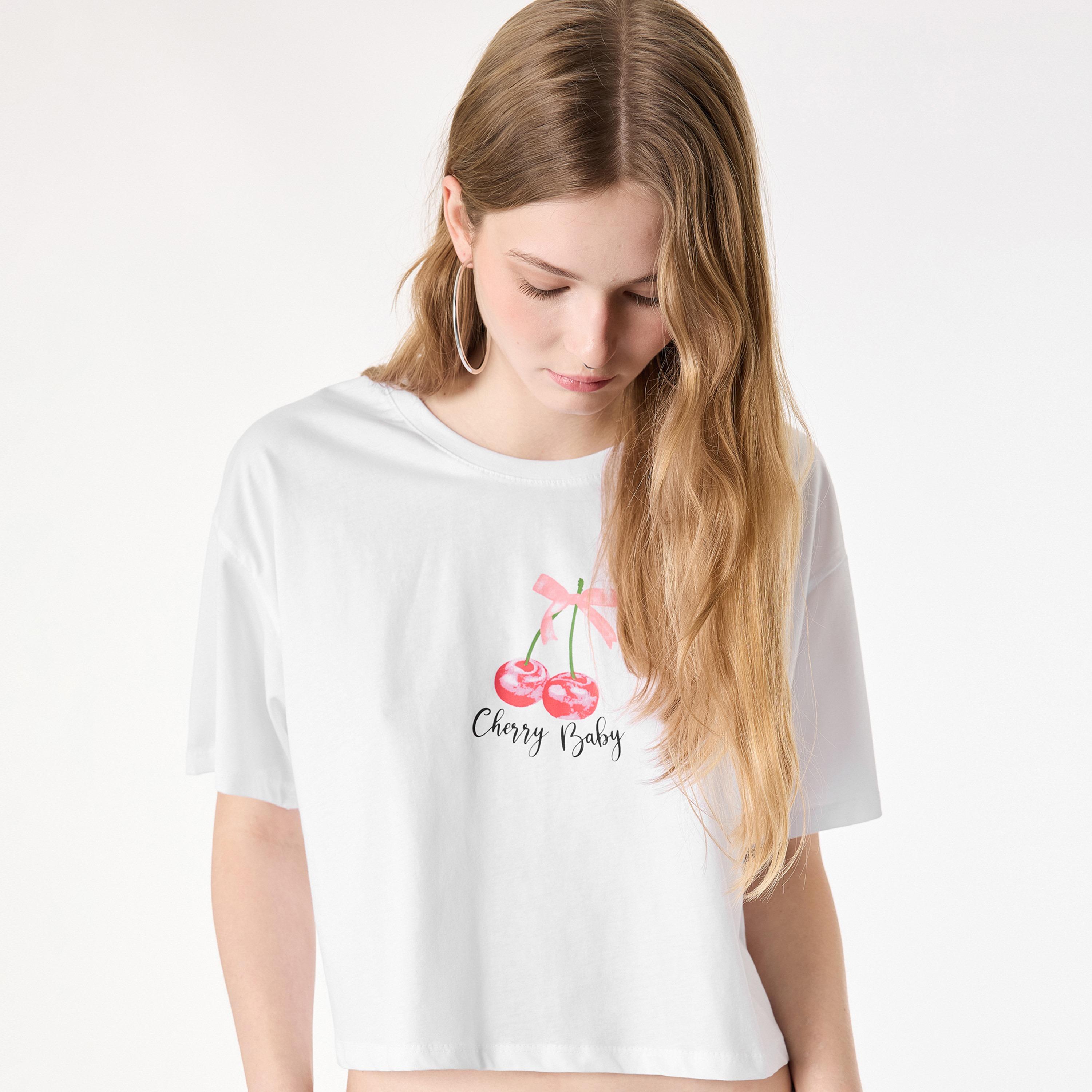 KOTON White Graphic Cherry Cotton Women's T-Shirt-women-clothing-tshirts-image-3
