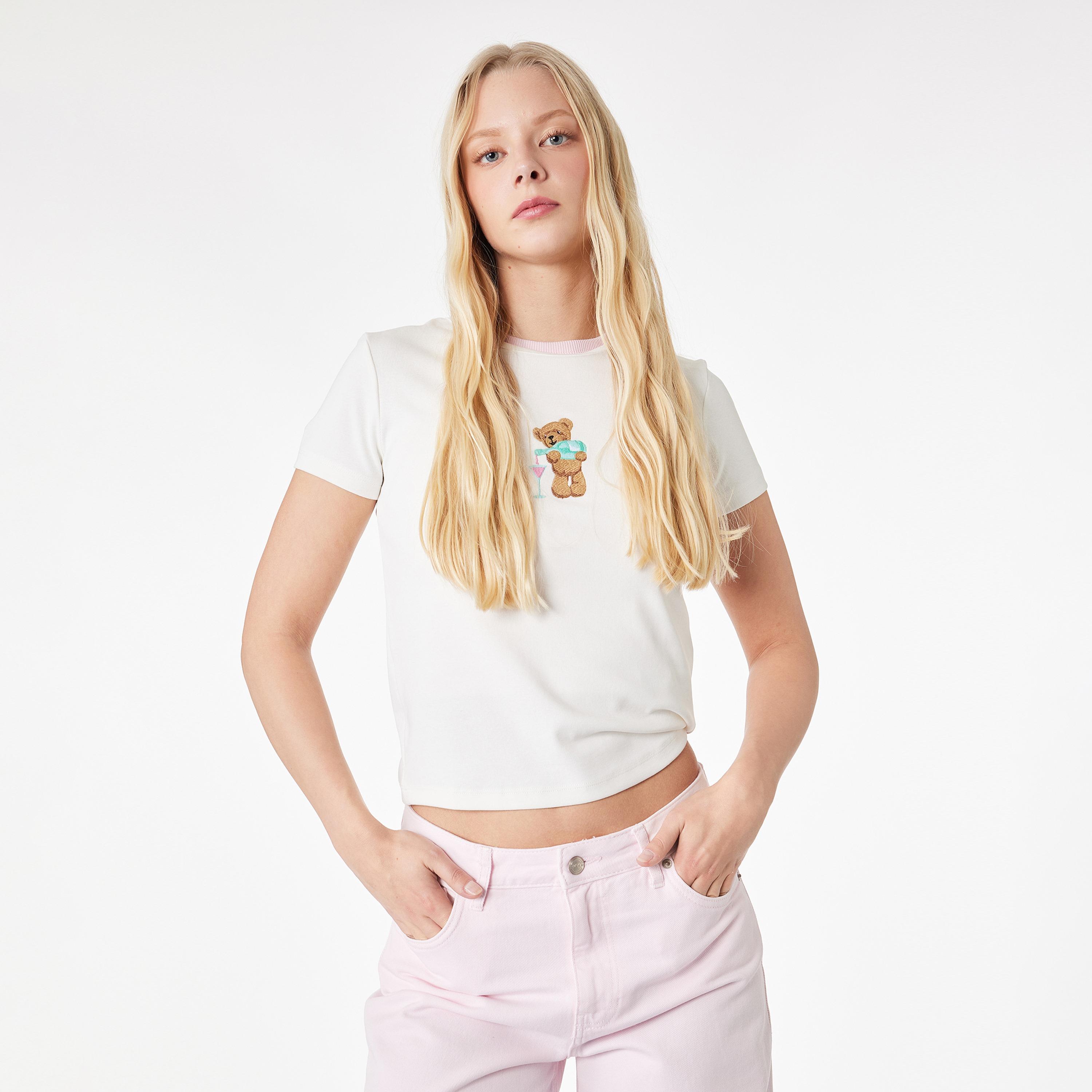 KOTON White Embroidered Teddy Women's T-Shirt-women-clothing-tshirts-image-1