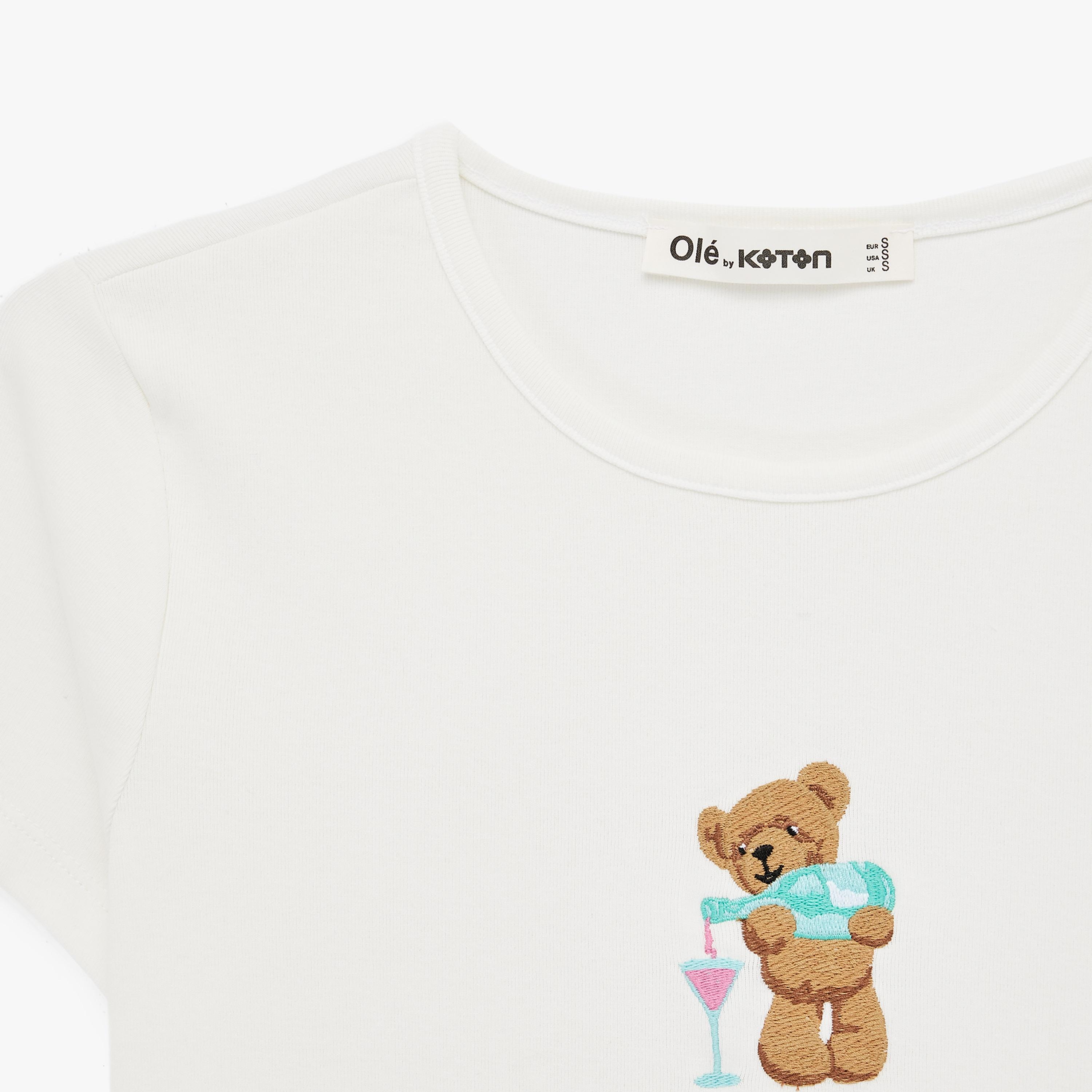 KOTON White Embroidered Teddy Women's T-Shirt-women-clothing-tshirts-image-5