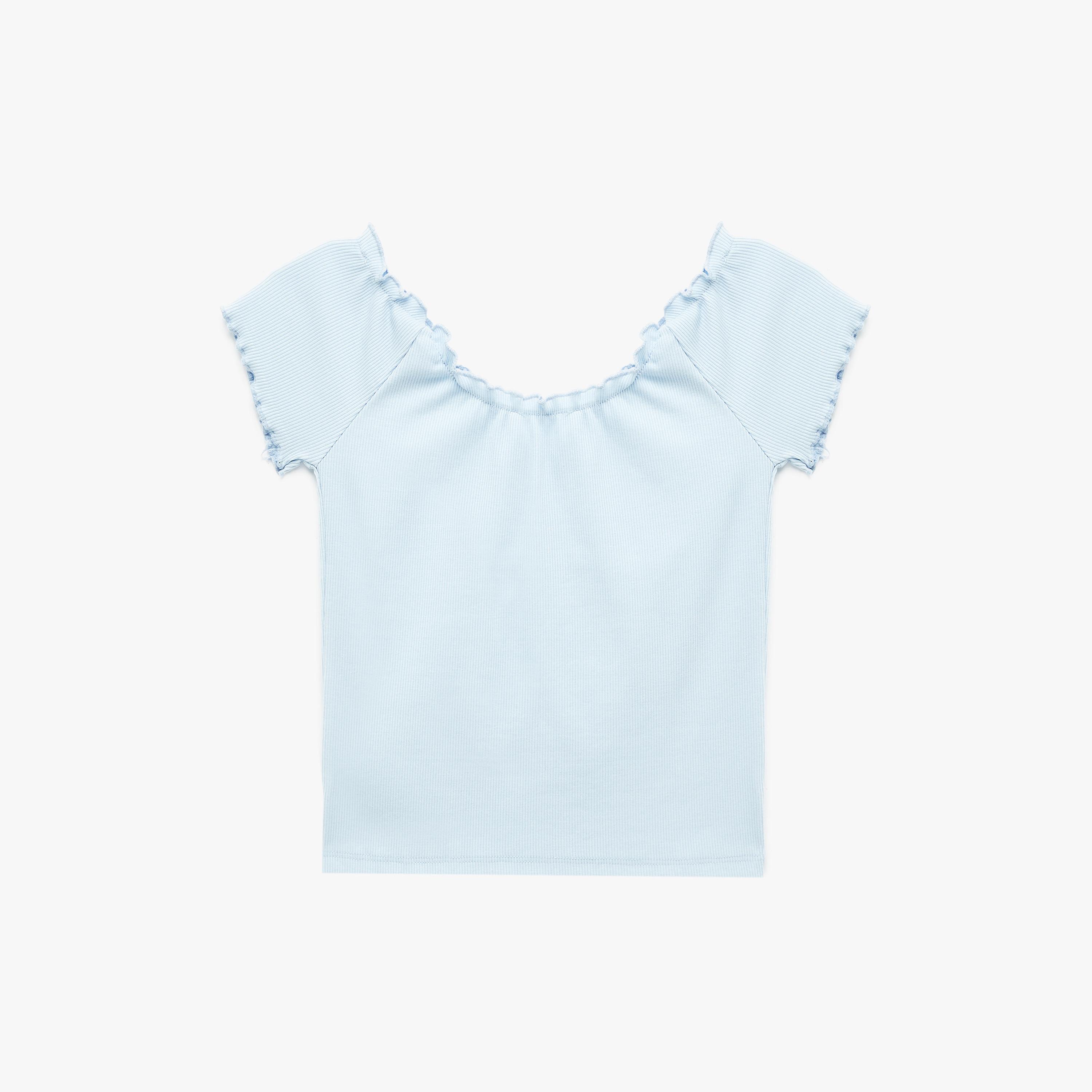 بلوزة نسائية بأكمام "راجلان" وتصميم "روشد" بزمزمة بلون أزرق فاتح من كوتون-women-clothing-shirtsandblouses-blouses-image-4