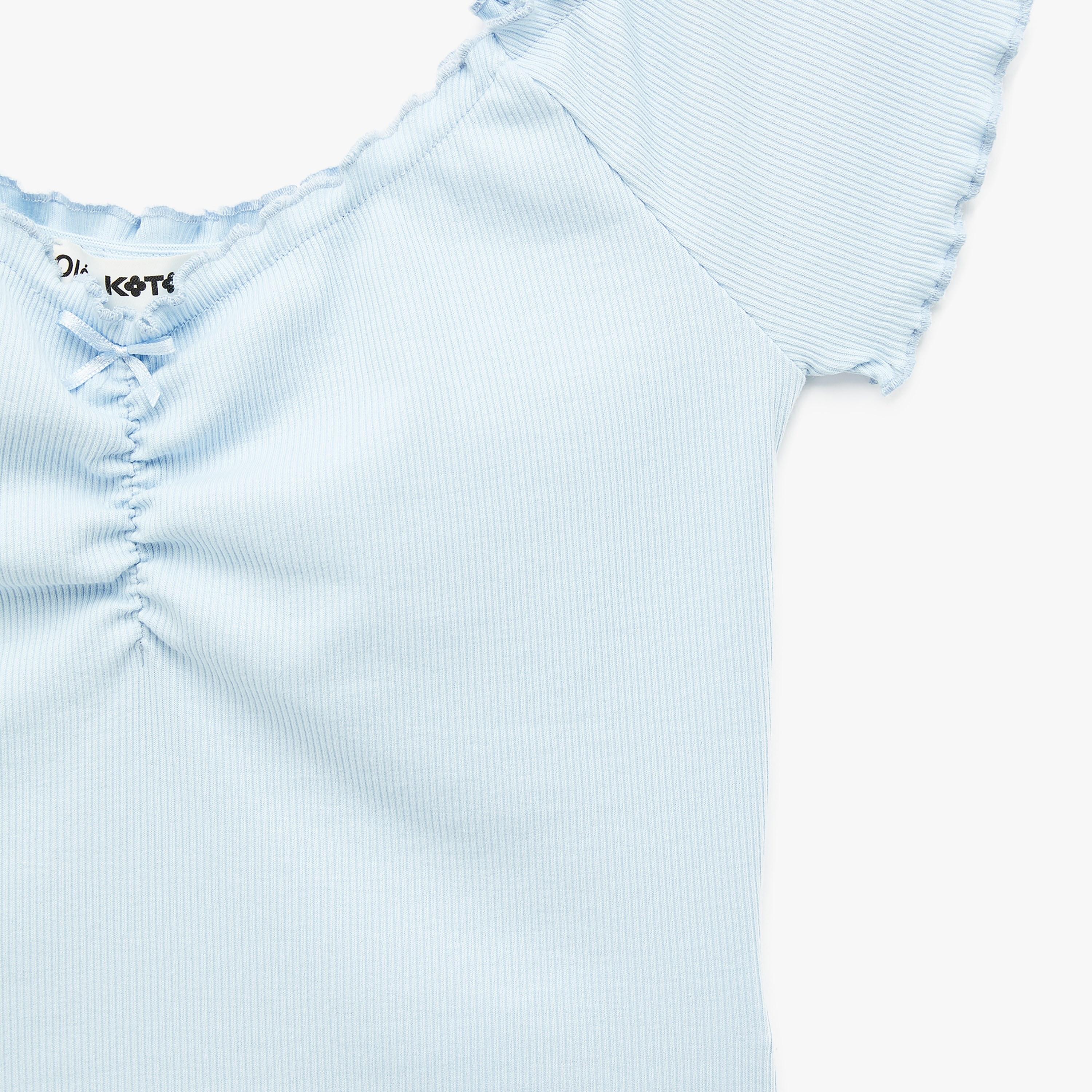 بلوزة نسائية بأكمام "راجلان" وتصميم "روشد" بزمزمة بلون أزرق فاتح من كوتون-women-clothing-shirtsandblouses-blouses-image-5