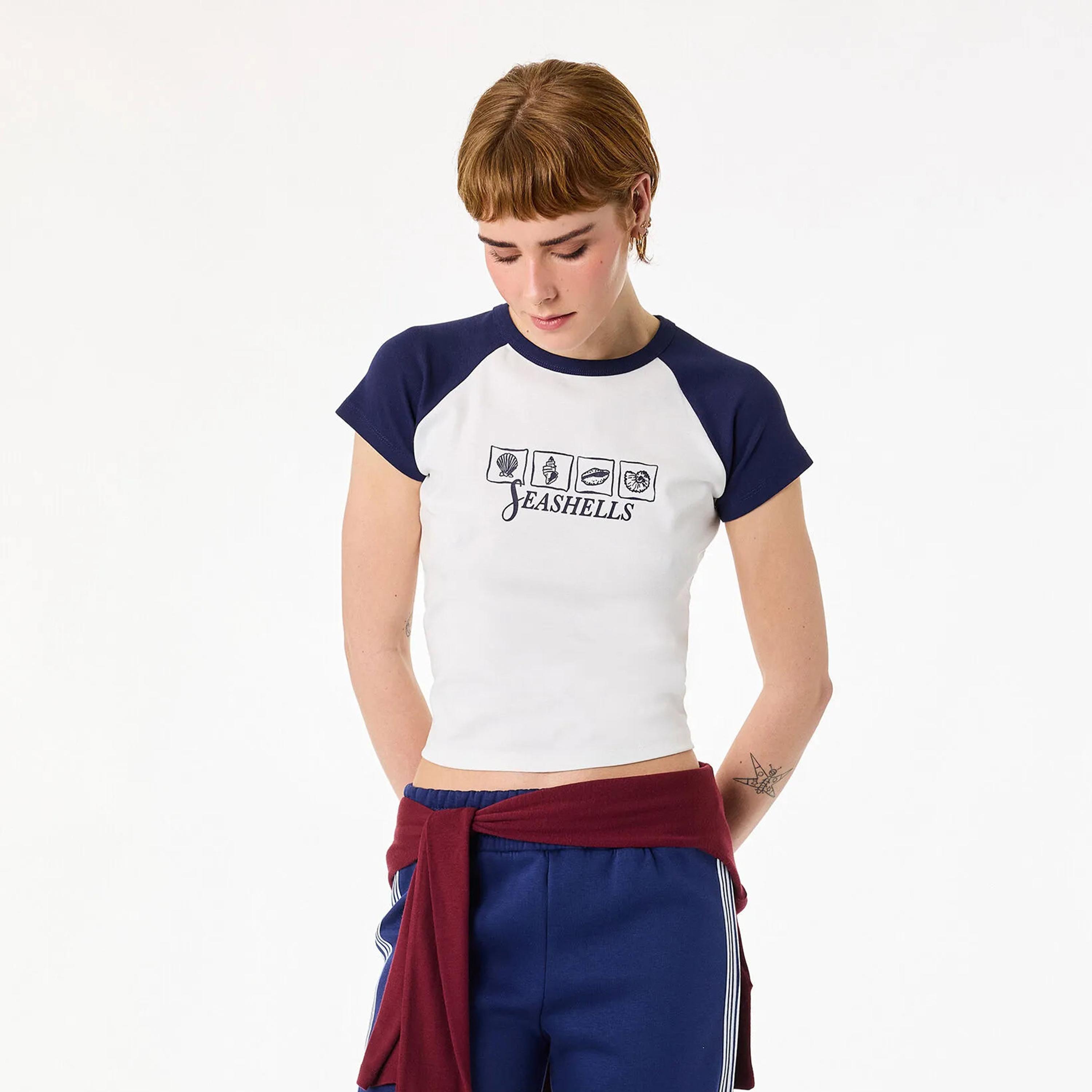 KOTON Ecru Melange Color-Blocked Graphic Print Raglan Sleeves Women's T-Shirt-women-clothing-tshirts-image-1