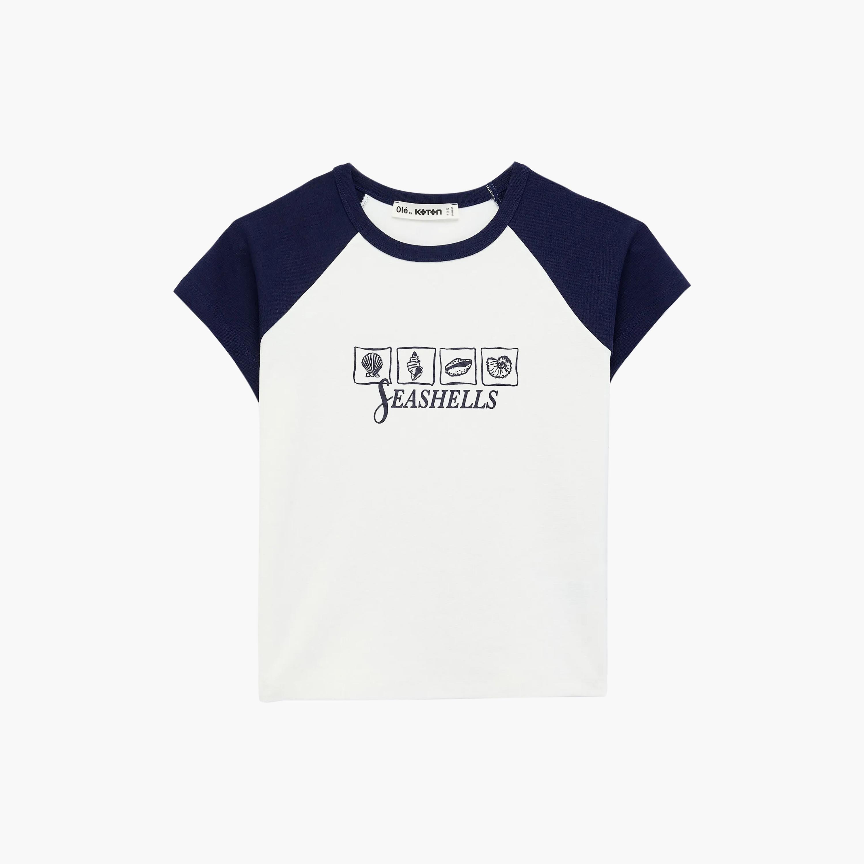 KOTON Ecru Melange Color-Blocked Graphic Print Raglan Sleeves Women's T-Shirt-women-clothing-tshirts-image-4
