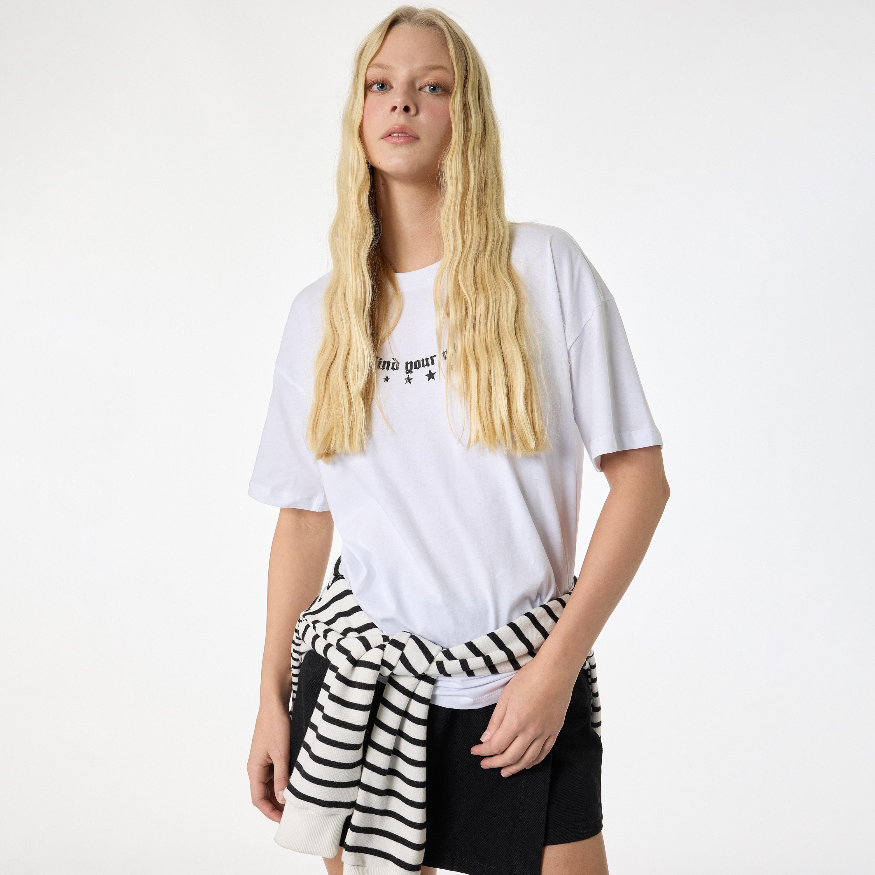 KOTON White Graphic Print Cotton Women's T-Shirt-women-clothing-tshirts-image-1
