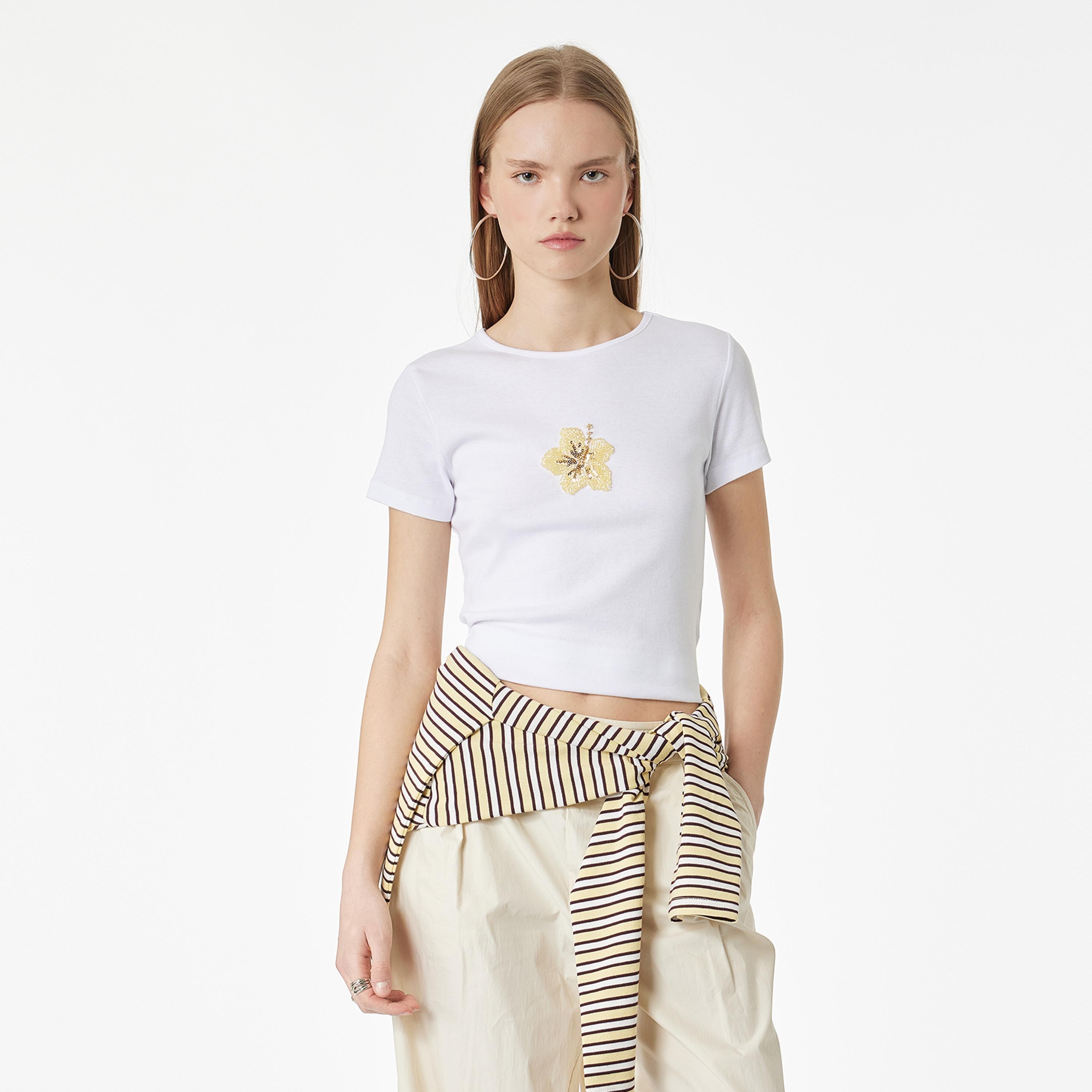 KOTON White Beaded Flower Cotton Women's T-Shirt-women-clothing-tshirts-image-1