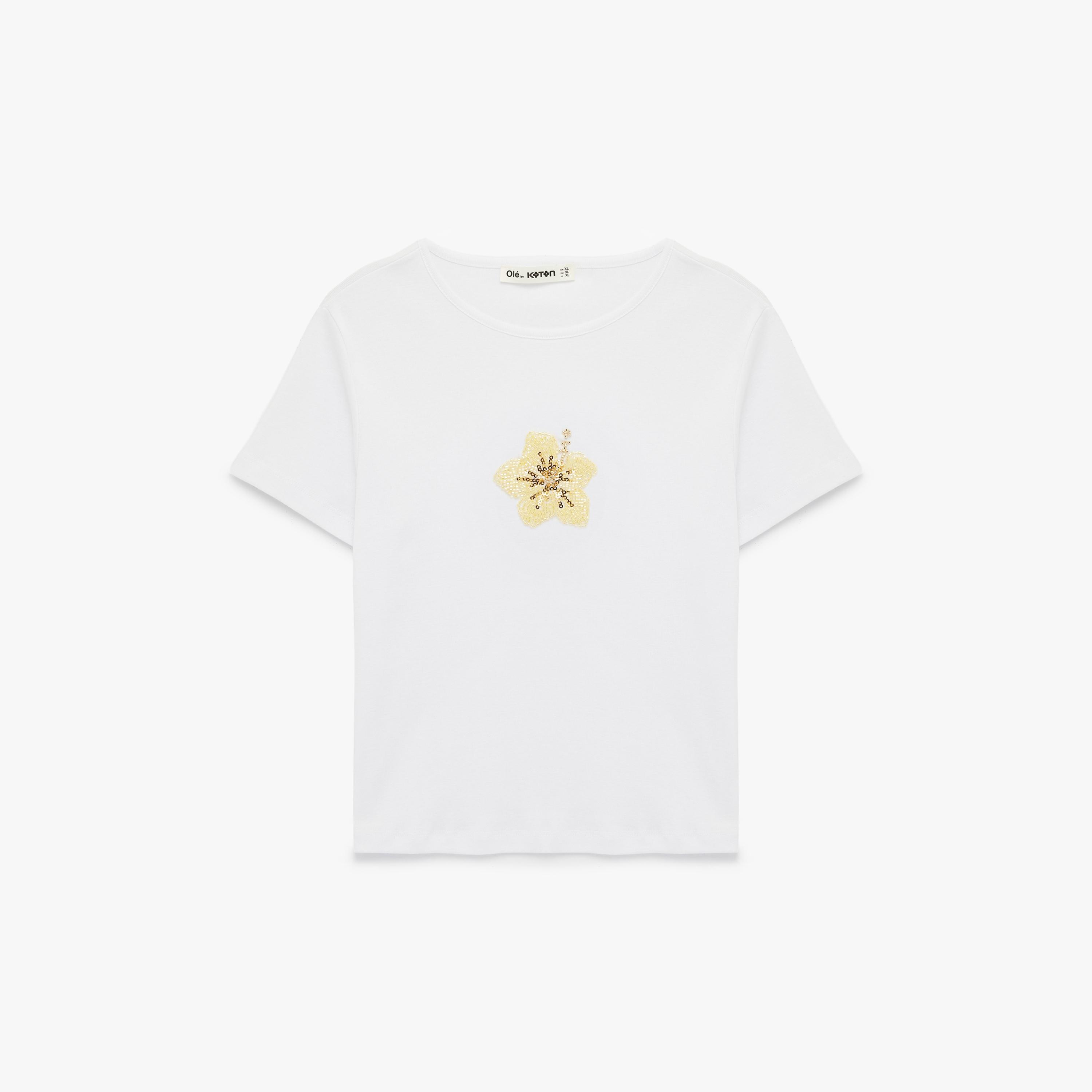 KOTON White Beaded Flower Cotton Women's T-Shirt-women-clothing-tshirts-image-4
