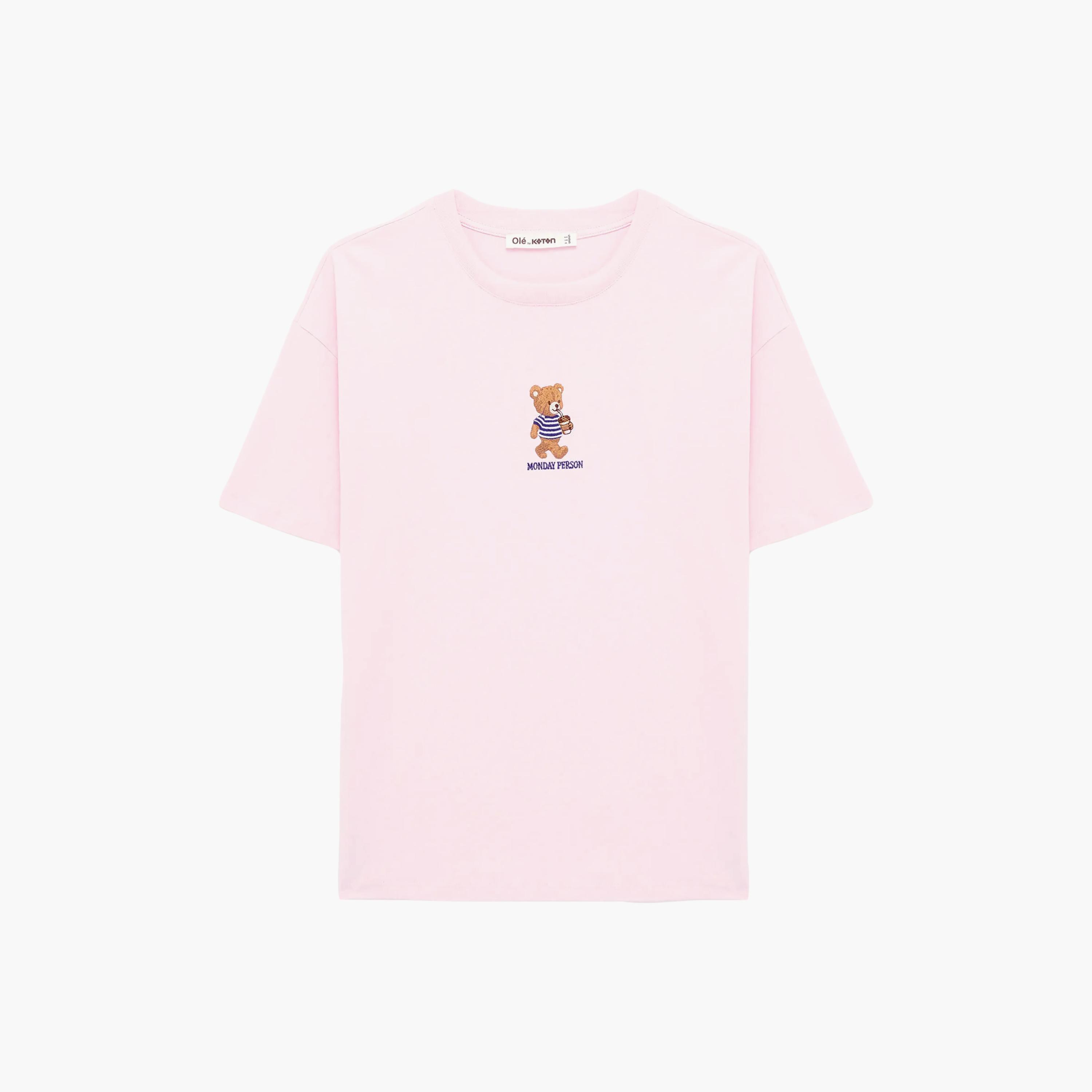 KOTON Pink Embroidered Cotton Dropped Sleeves Women's T-Shirt-women-clothing-tshirts-image-2