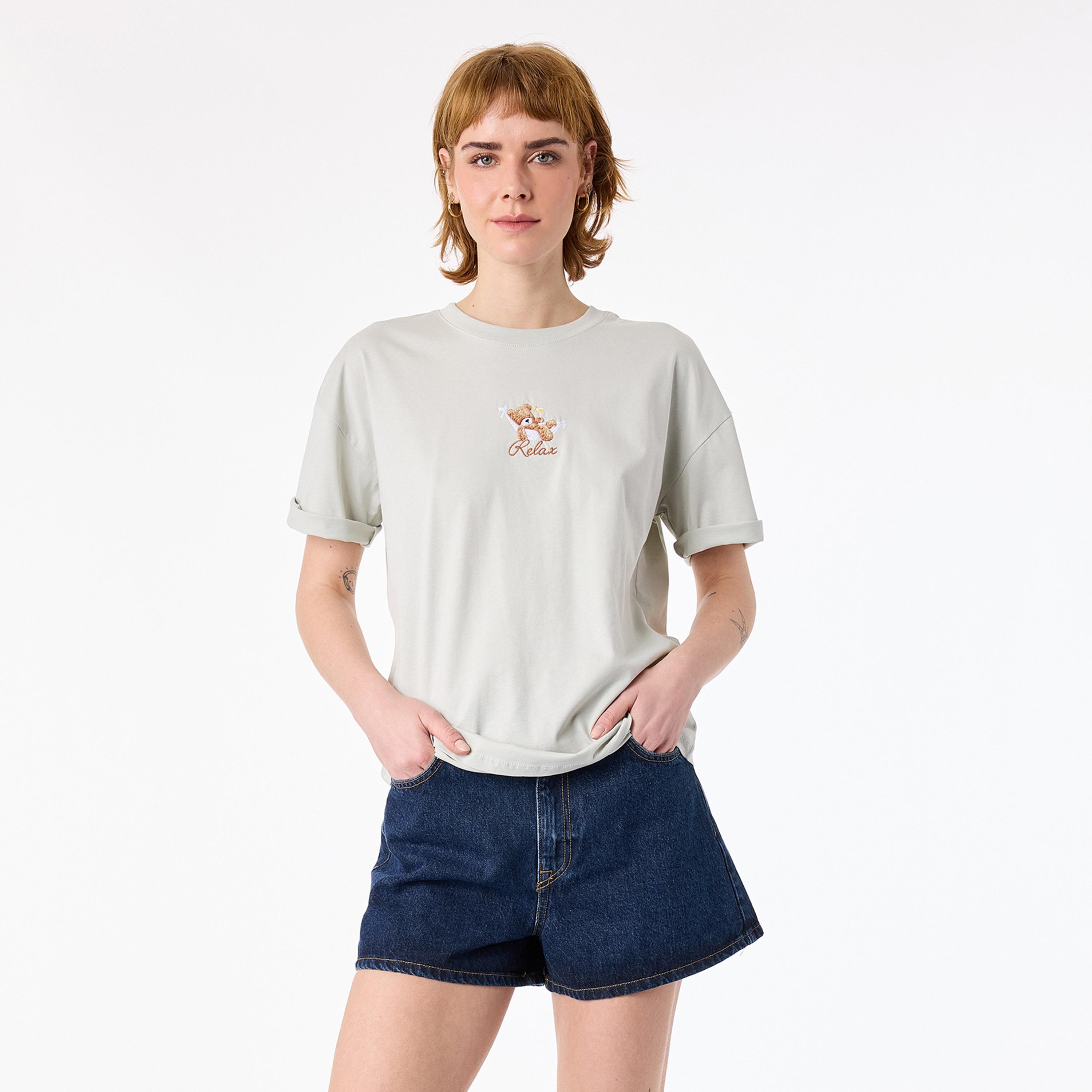 KOTON Light Green Embroidered Teddy Cotton Women's T-Shirt-women-clothing-tshirts-image-1