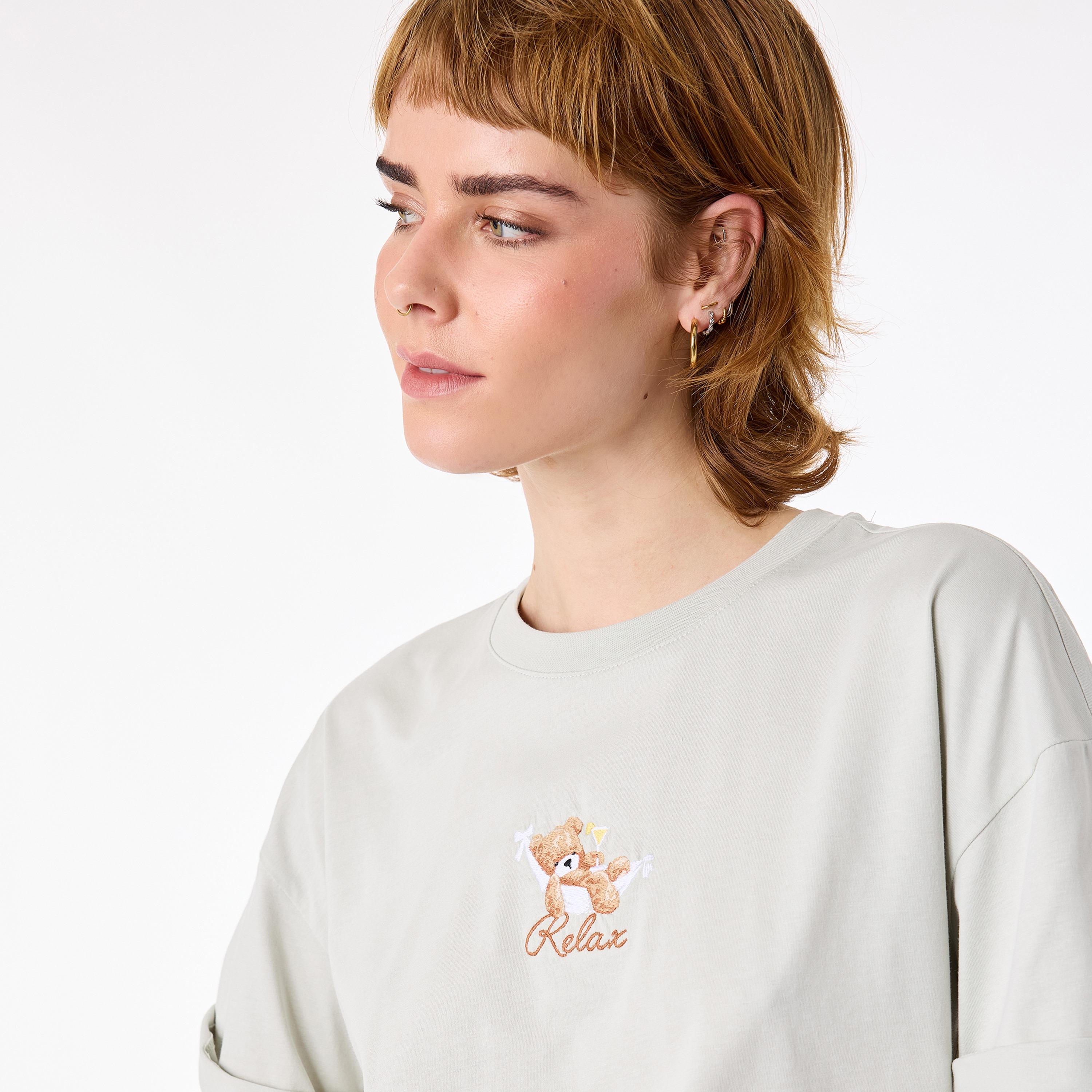 KOTON Light Green Embroidered Teddy Cotton Women's T-Shirt-women-clothing-tshirts-image-2