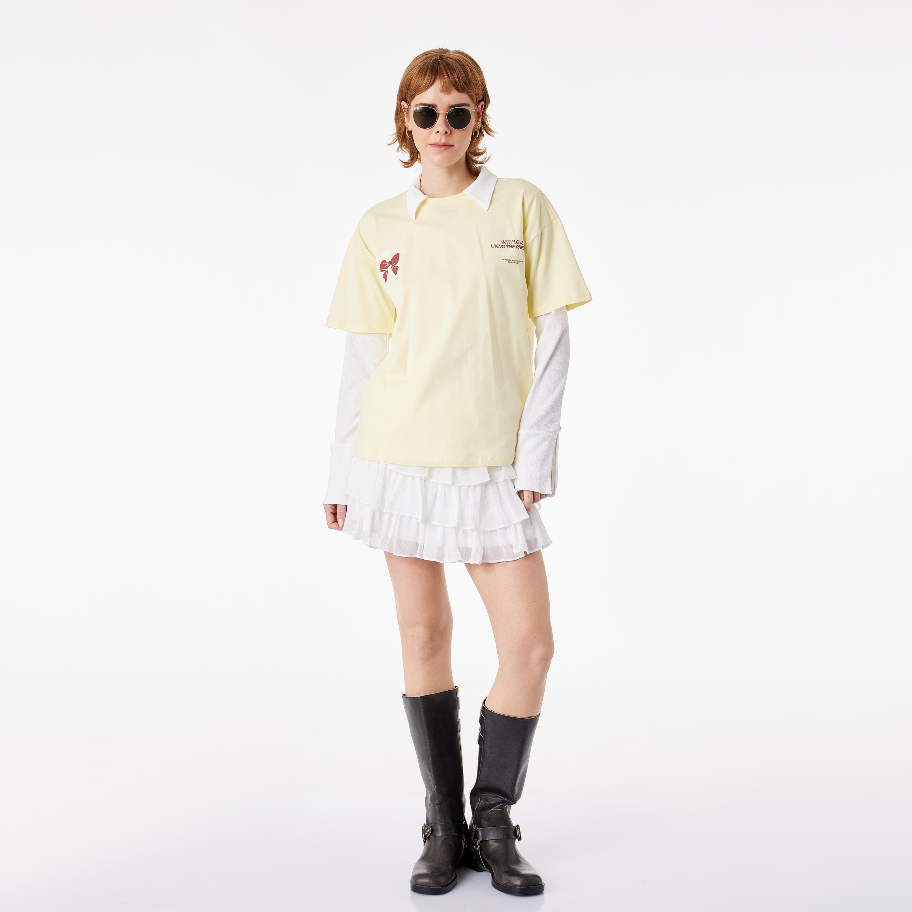 KOTON Yellow Typographic Text Cotton Women's T-Shirt-women-clothing-tshirts-image-2