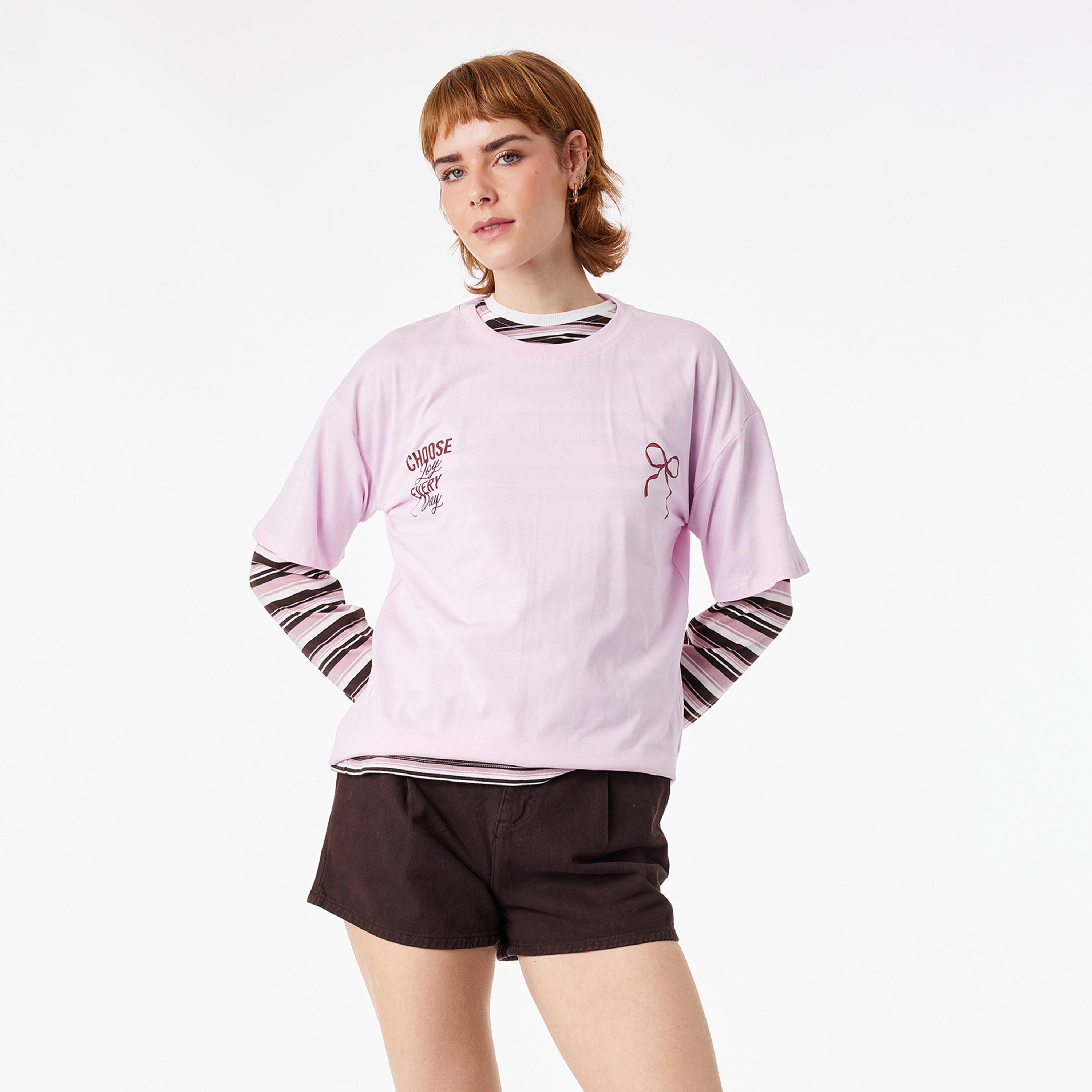 KOTON Pink Typographic Text Cotton Women's T-Shirt-women-clothing-tshirts-image-1