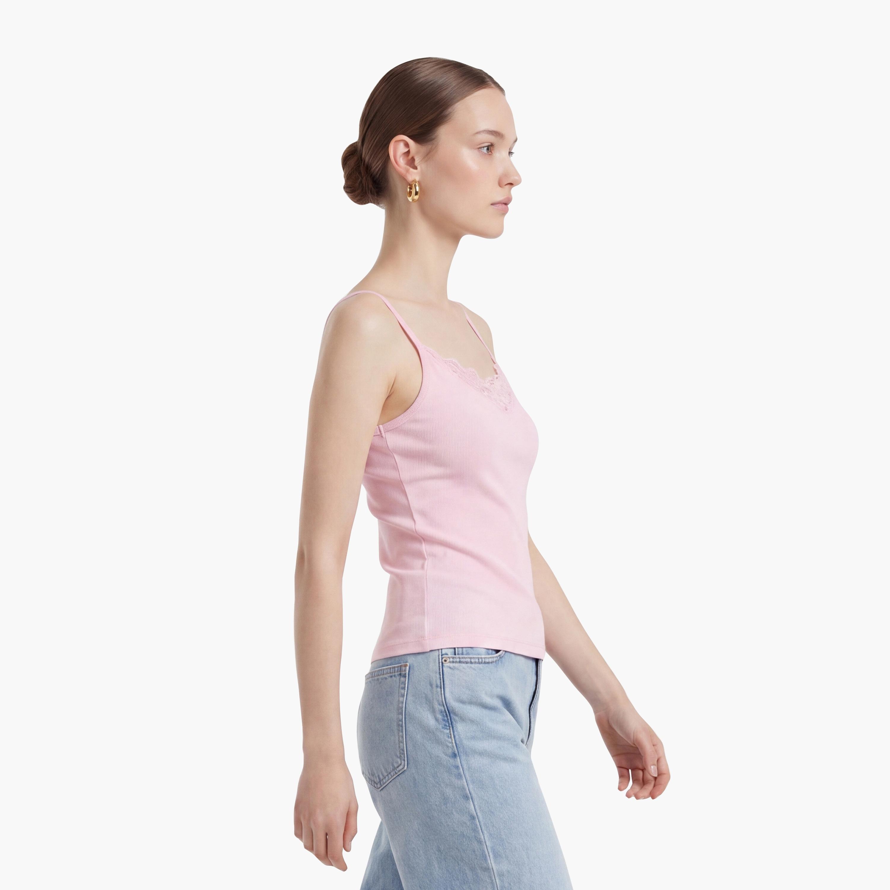 KOTON Pink Lace Trim Shoulder Straps Women's Tank Top-women-clothing-shirtsandblouses-blouses-image-3