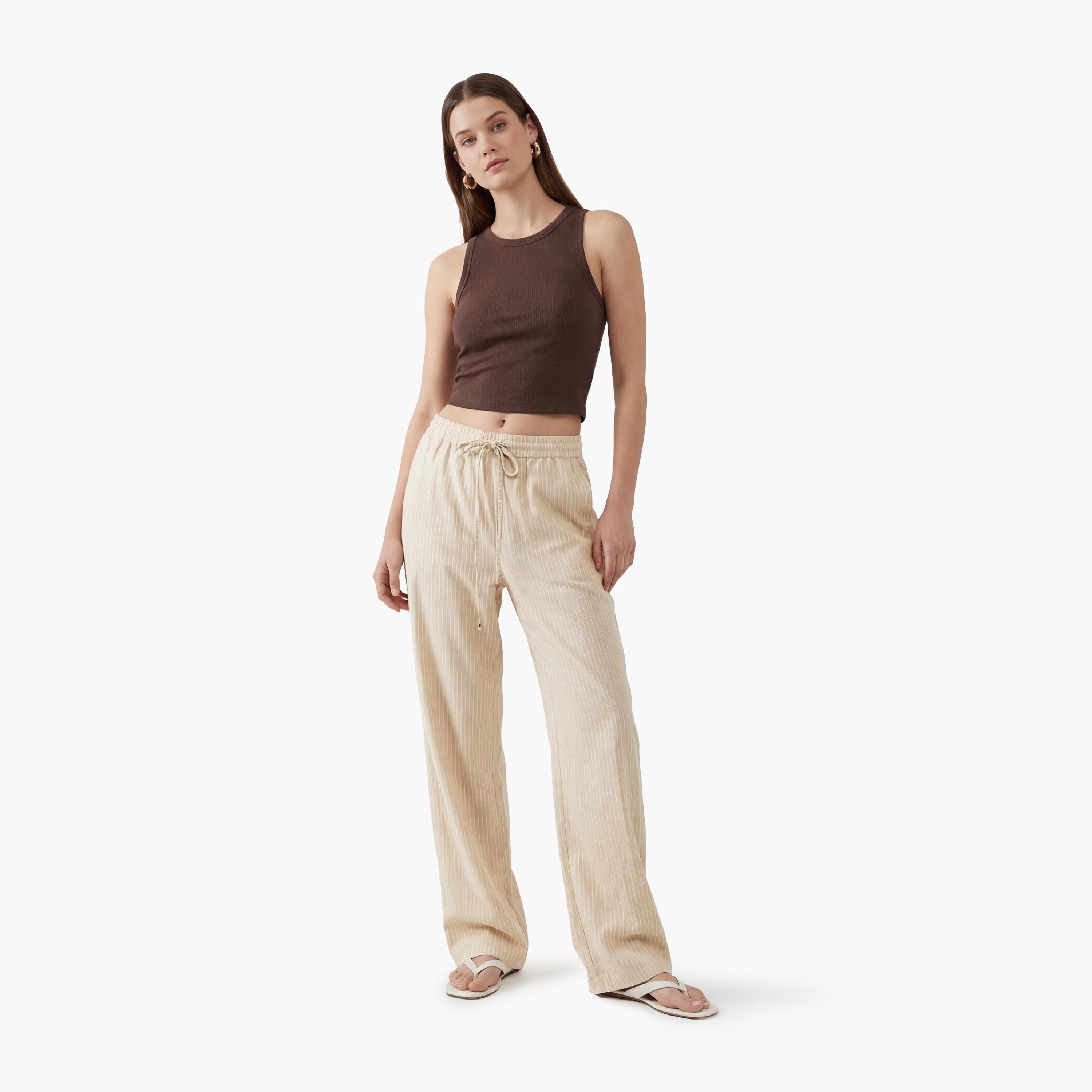 بنطلون نسائي واسع الساق بخصر برباط وتصميم مخطط بلون بيج من كوتون-women-clothing-bottoms-trousers-image-2