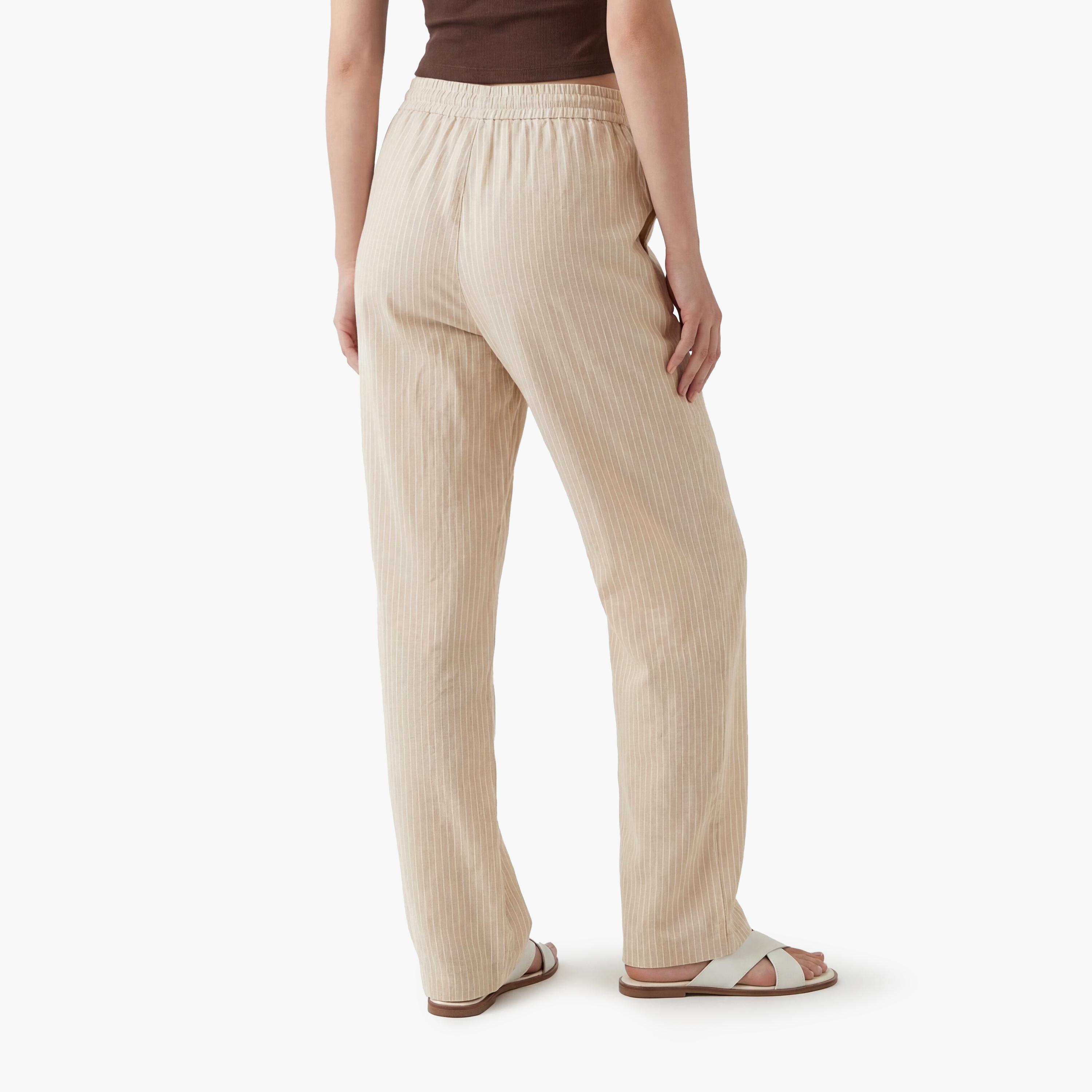 بنطلون نسائي واسع الساق بخصر برباط وتصميم مخطط بلون بيج من كوتون-women-clothing-bottoms-trousers-image-3