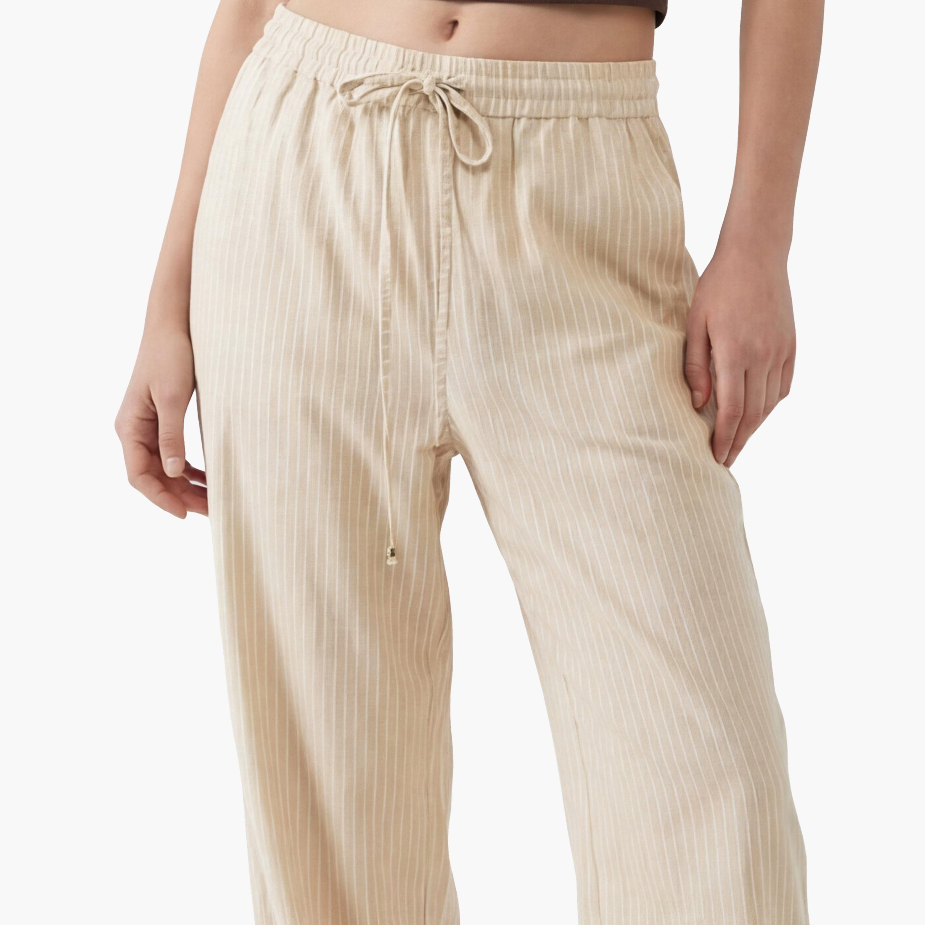 بنطلون نسائي واسع الساق بخصر برباط وتصميم مخطط بلون بيج من كوتون-women-clothing-bottoms-trousers-image-5