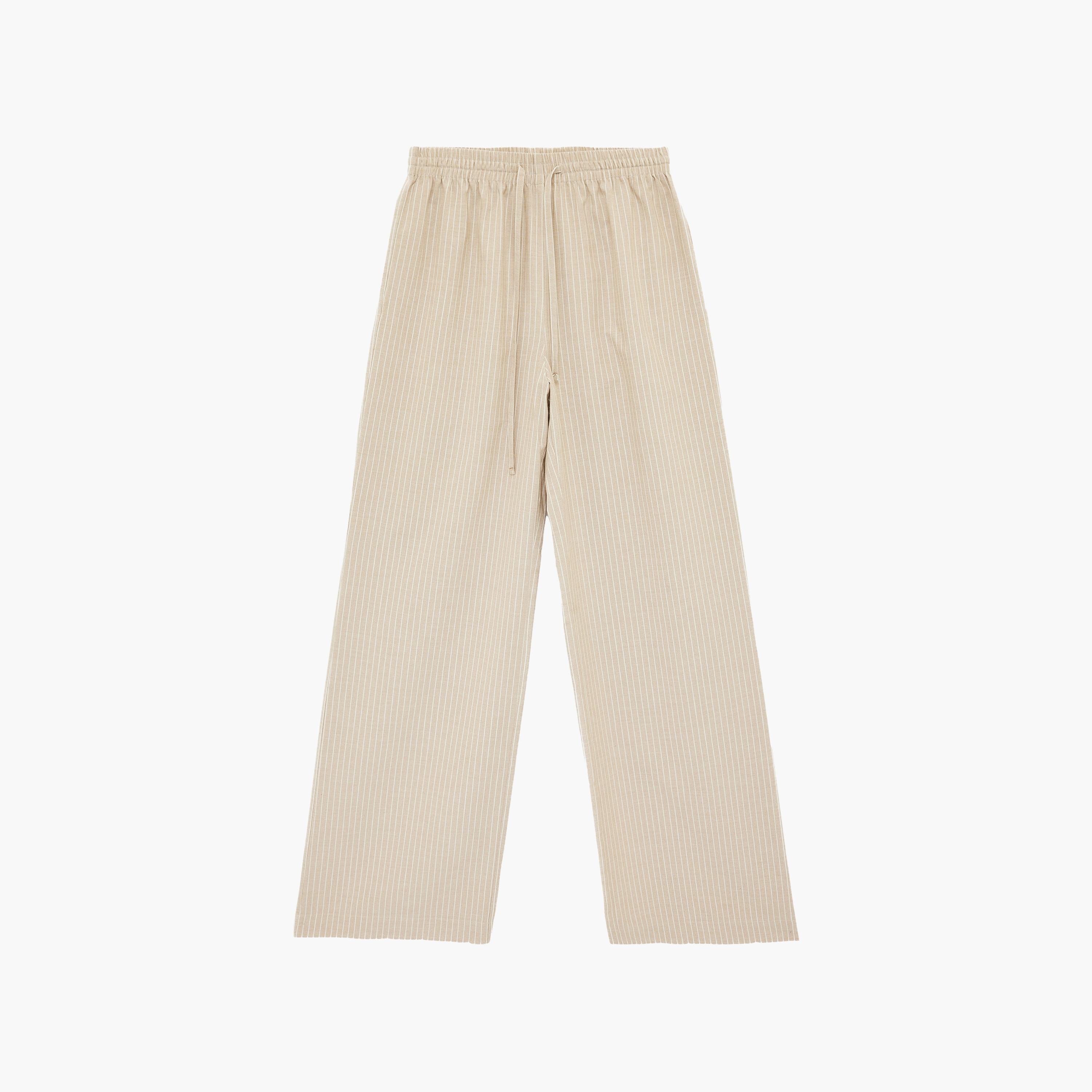 بنطلون نسائي واسع الساق بخصر برباط وتصميم مخطط بلون بيج من كوتون-women-clothing-bottoms-trousers-image-6