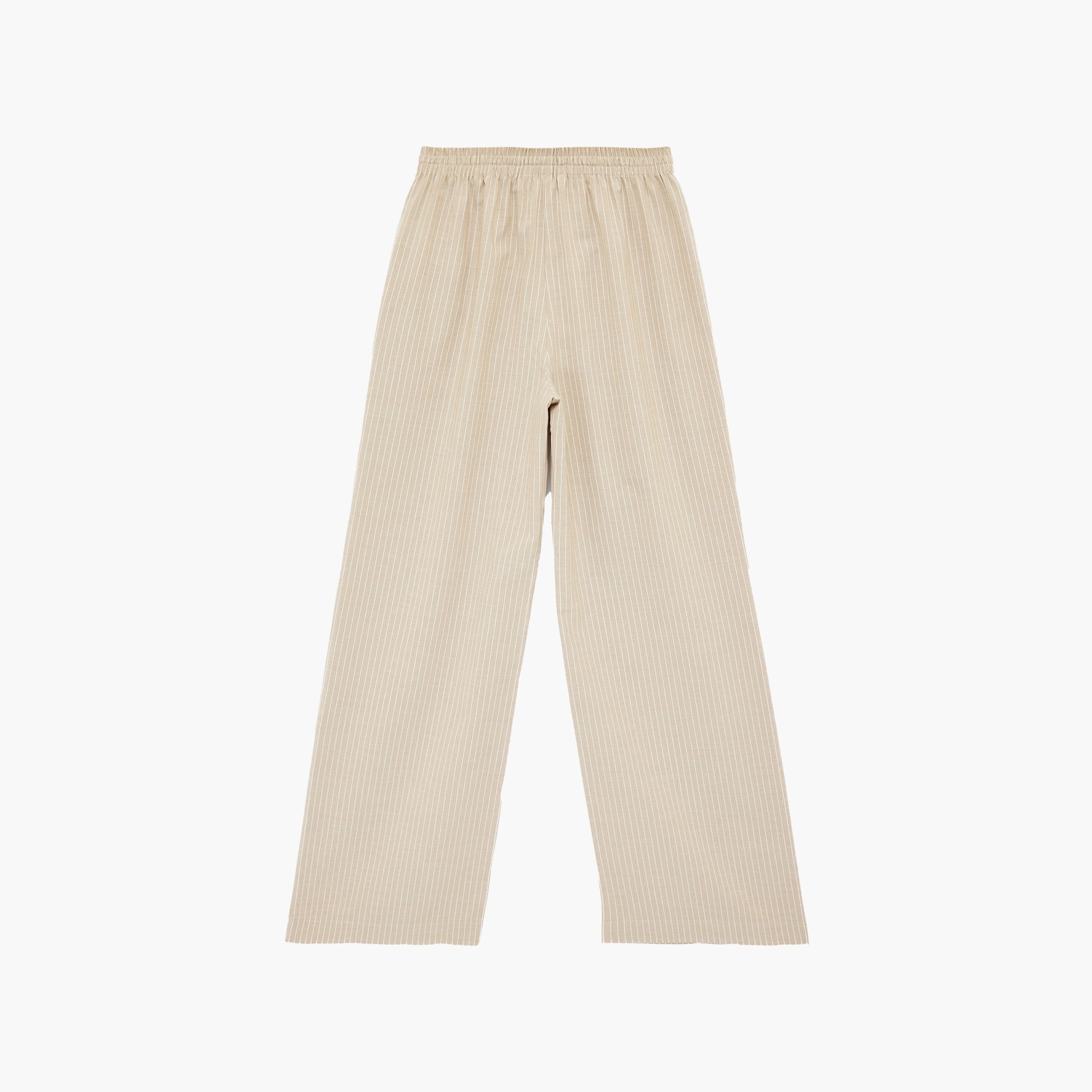 بنطلون نسائي واسع الساق بخصر برباط وتصميم مخطط بلون بيج من كوتون-women-clothing-bottoms-trousers-image-7
