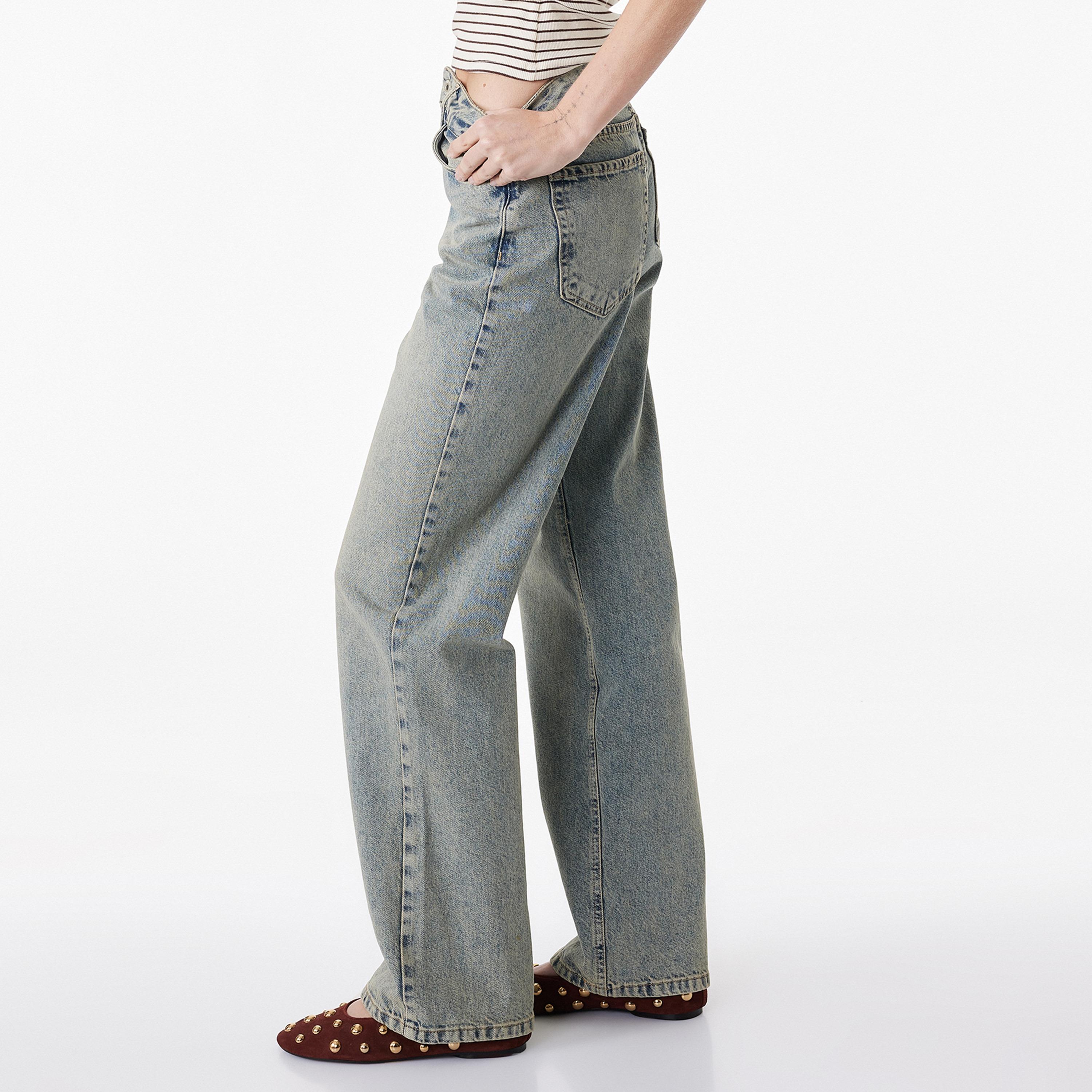 بنطلون جينز نسائي خصر متوسط قصة مستقيمة "ستريت فت" مغسول من كوتون-women-clothing-bottoms-jeans-image-3