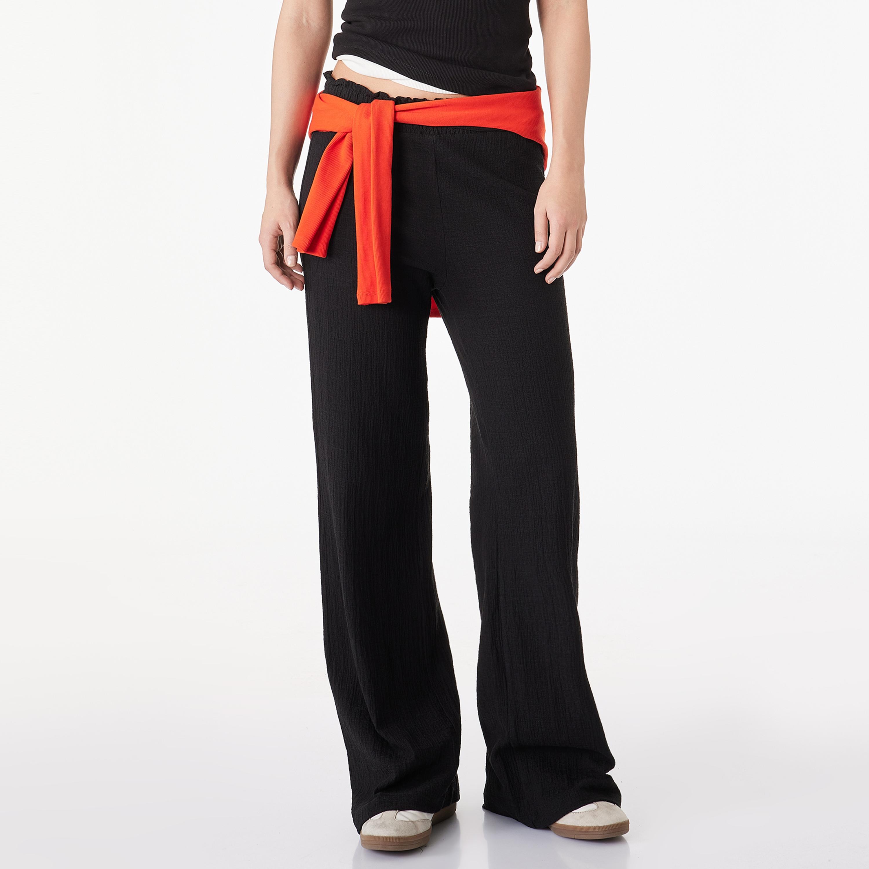 بنطلون نسائي واسع الساق بقماش قطني سادة بخصر برباط من كوتون-women-clothing-bottoms-trousers-image-1