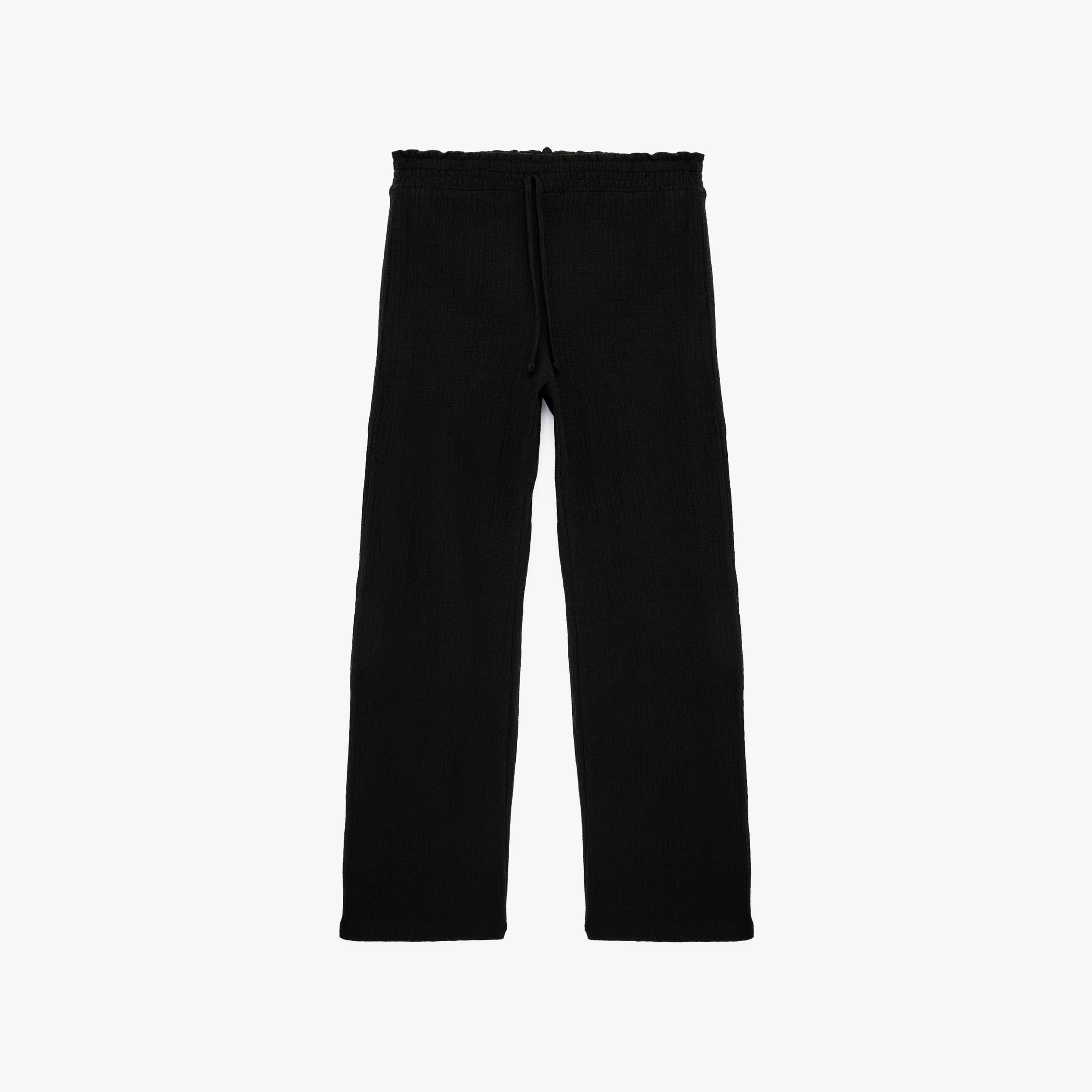 بنطلون نسائي واسع الساق بقماش قطني سادة بخصر برباط من كوتون-women-clothing-bottoms-trousers-image-3