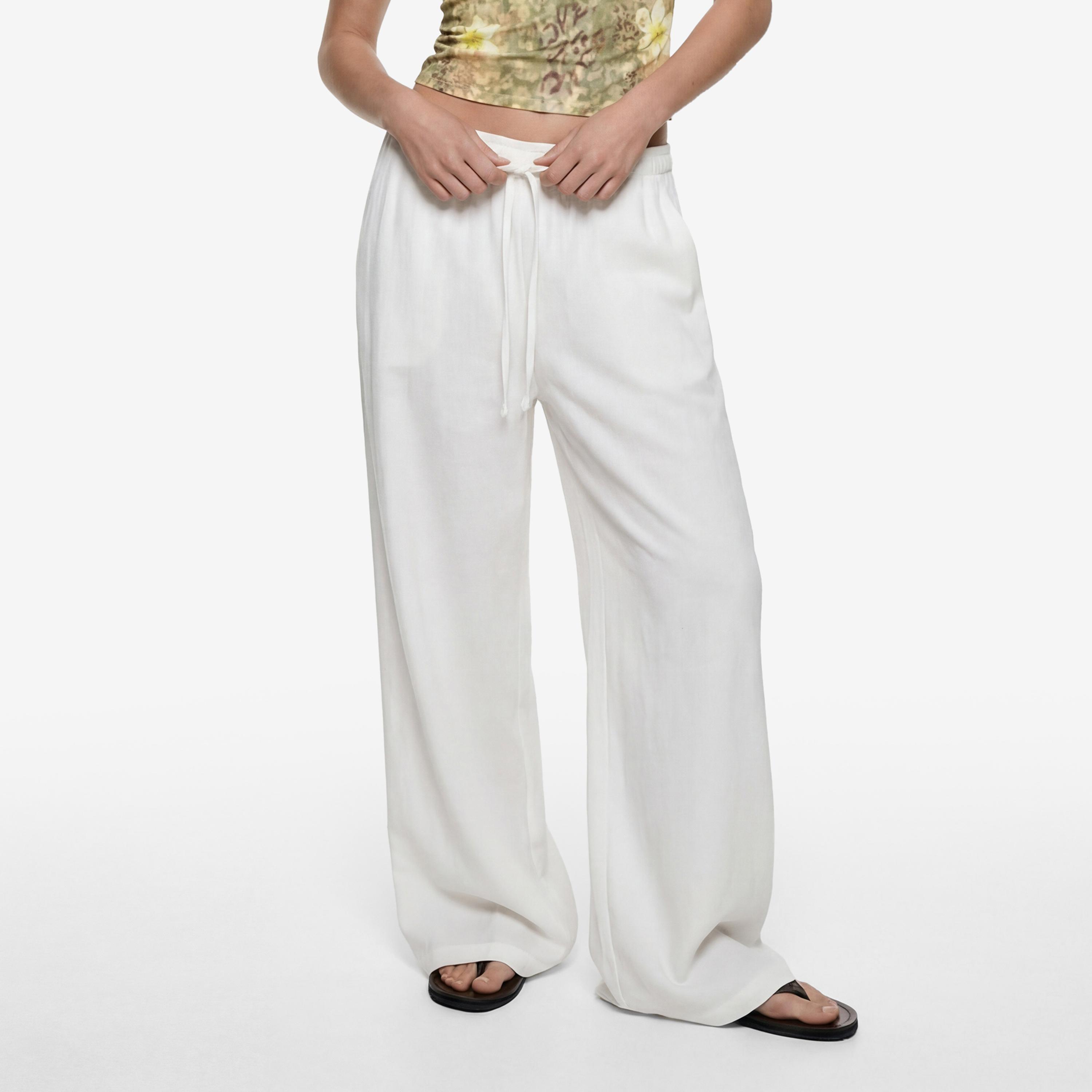 بنطلون نسائي واسع الساق سادة بخصر برباط من كوتون-women-clothing-bottoms-trousers-image-1