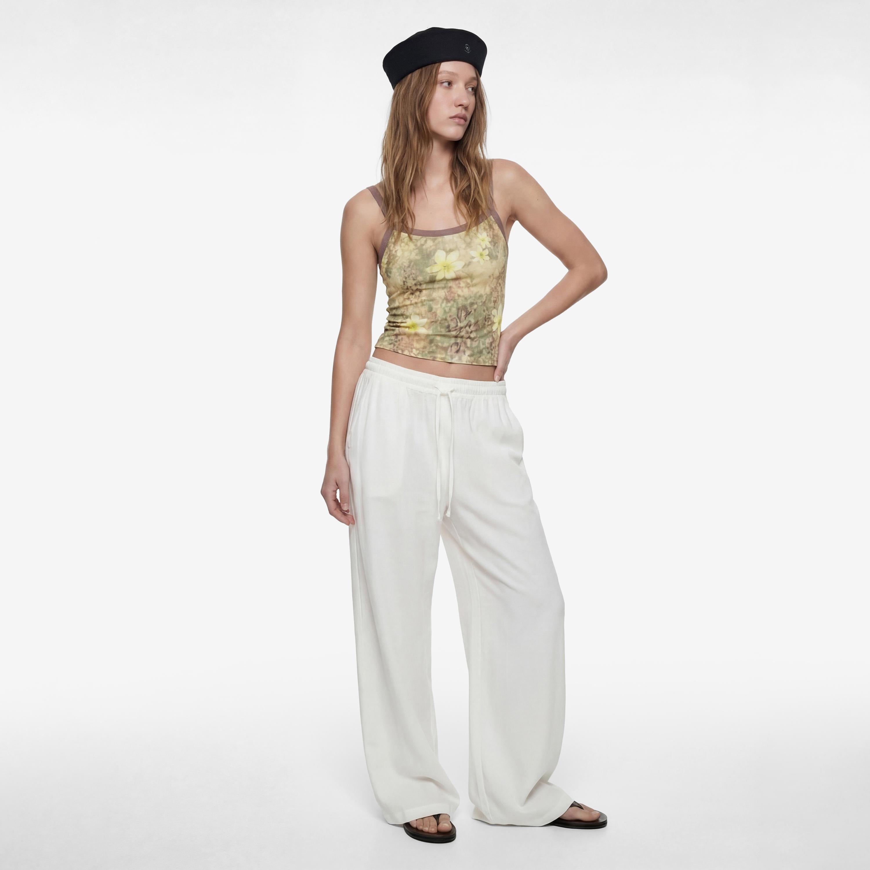 بنطلون نسائي واسع الساق سادة بخصر برباط من كوتون-women-clothing-bottoms-trousers-image-2