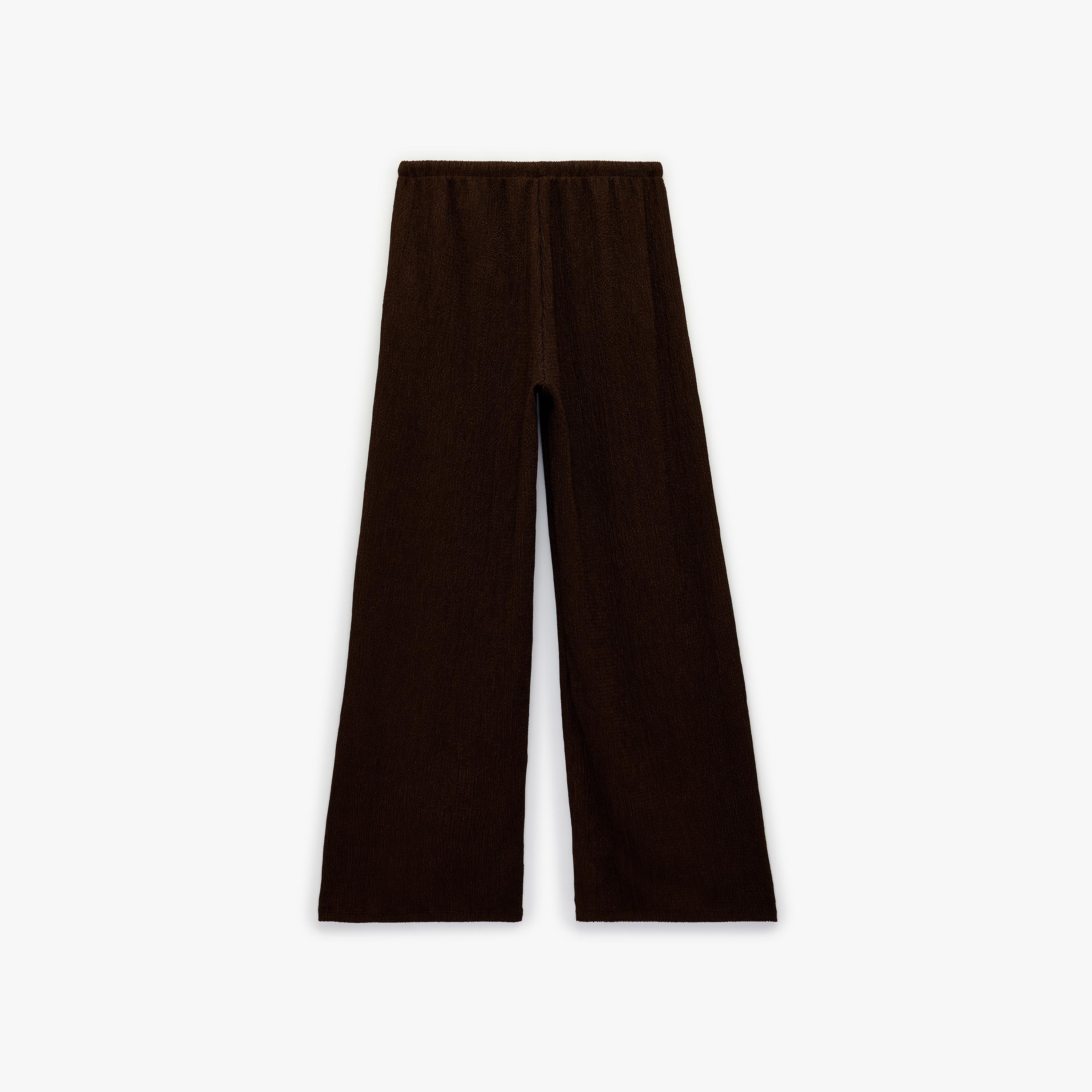 بنطلون نسائي واسع الساق بخصر برباط وقماش "تيكستشرد" بارز بلون بني من كوتون-women-clothing-bottoms-trousers-image-5