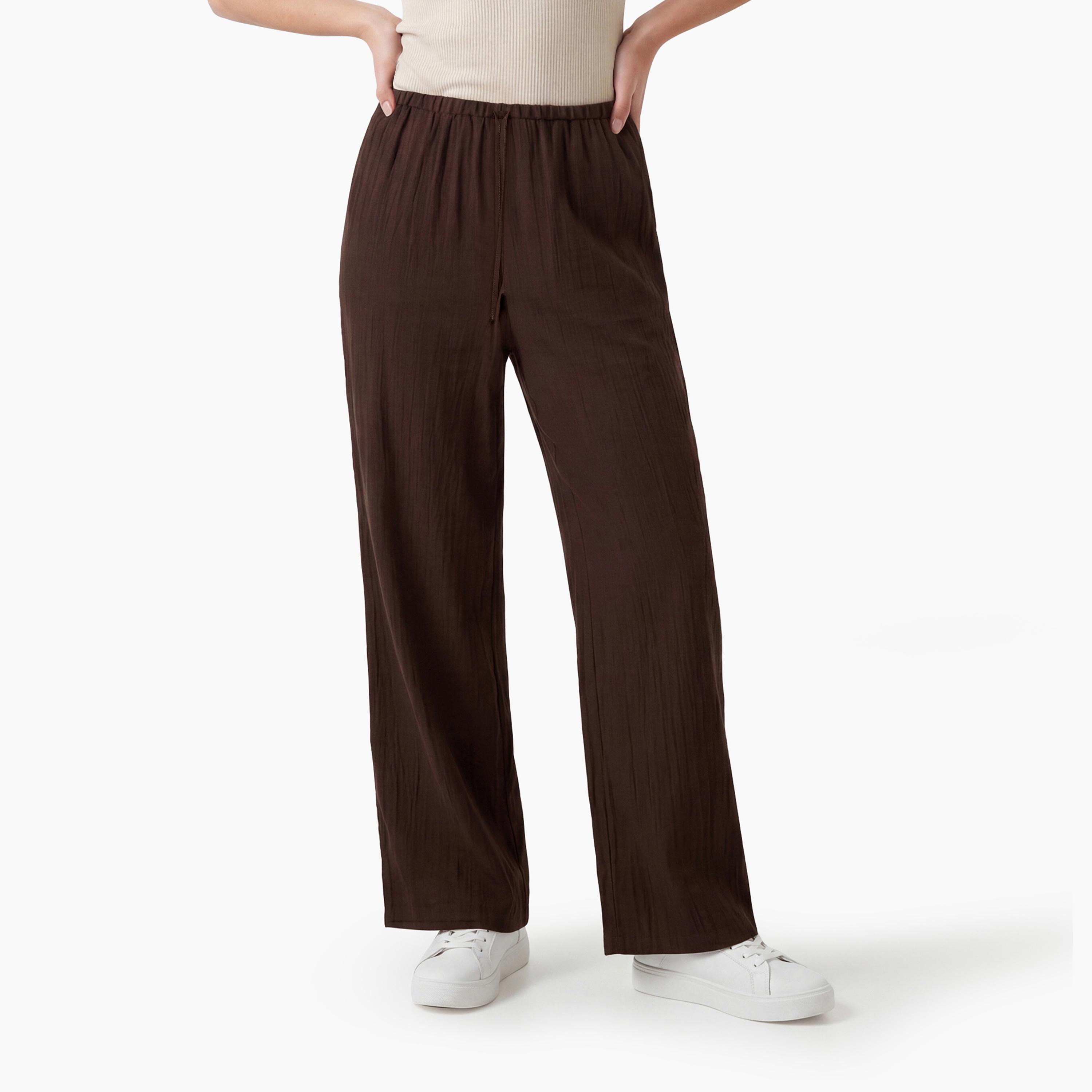 KOTON Brown Textured Drawstring Waist Straight Women's Trousers-women-clothing-bottoms-trousers-image-1