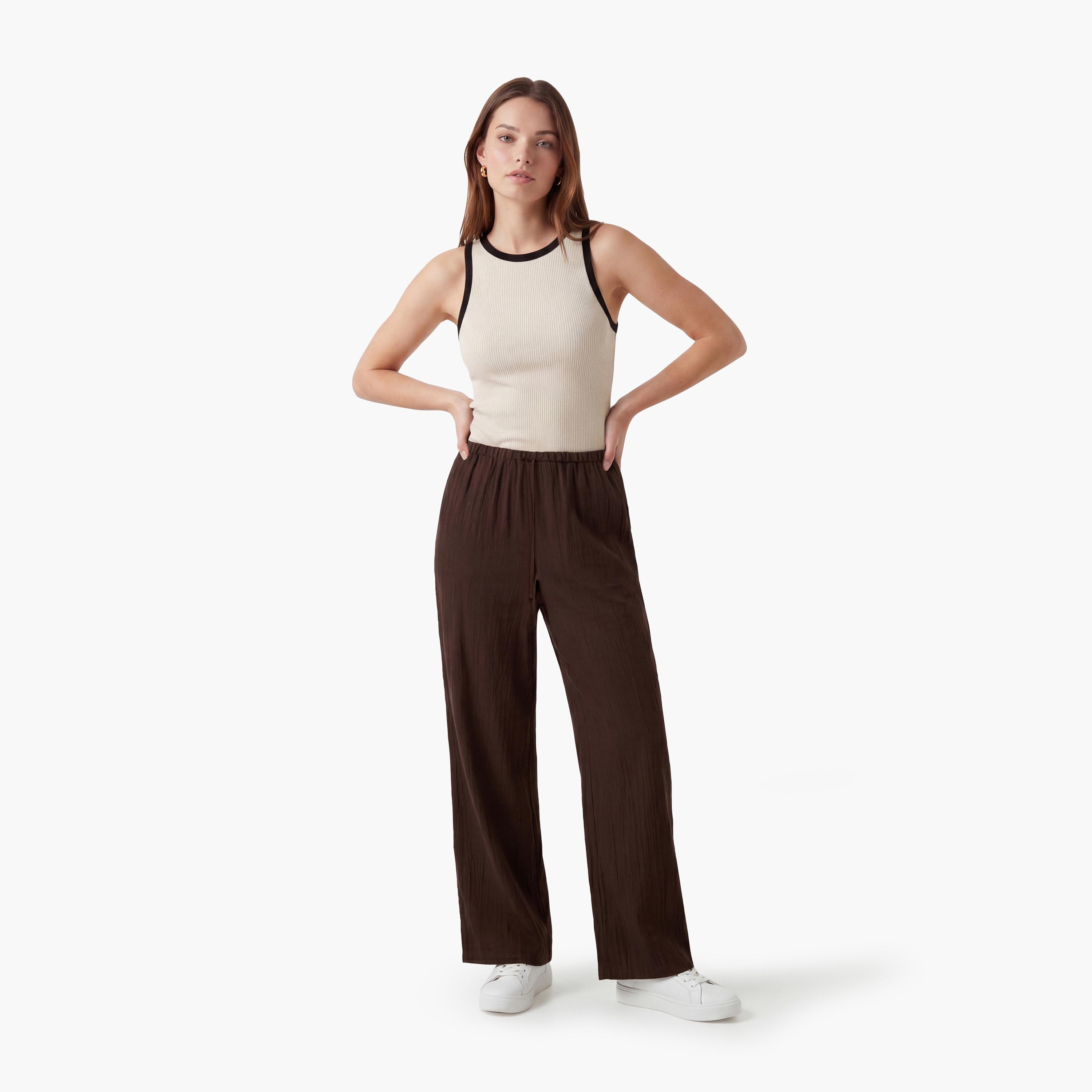 KOTON Brown Textured Drawstring Waist Straight Women's Trousers-women-clothing-bottoms-trousers-image-2