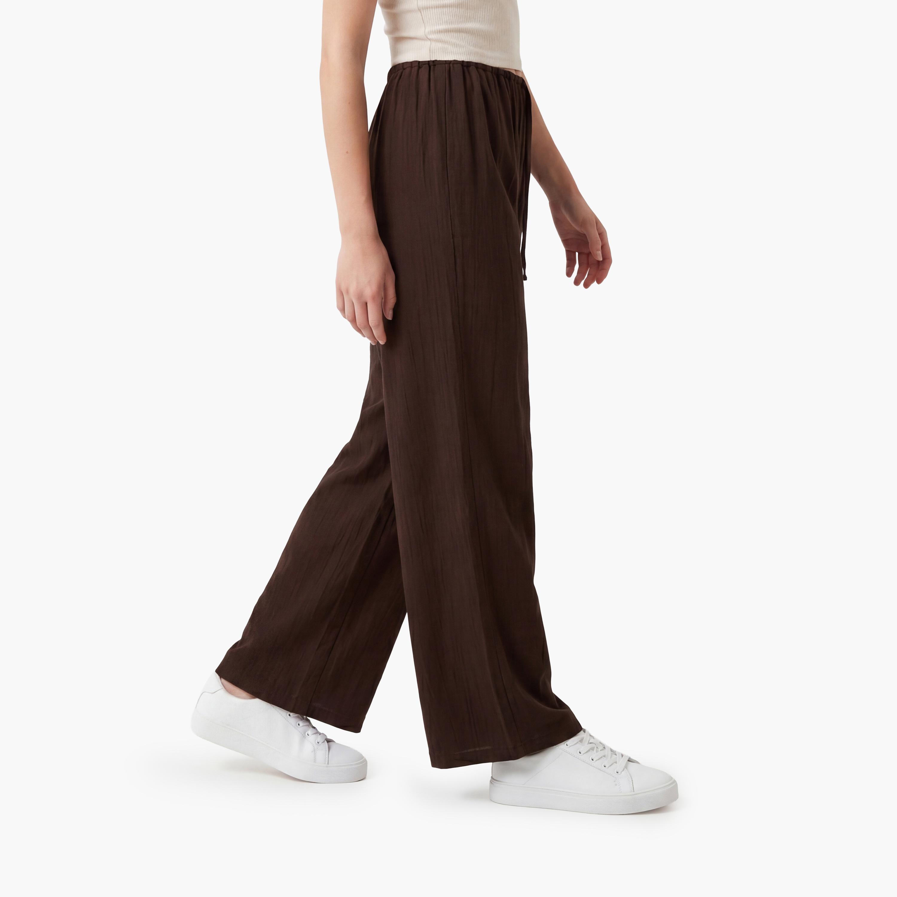 KOTON Brown Textured Drawstring Waist Straight Women's Trousers-women-clothing-bottoms-trousers-image-3