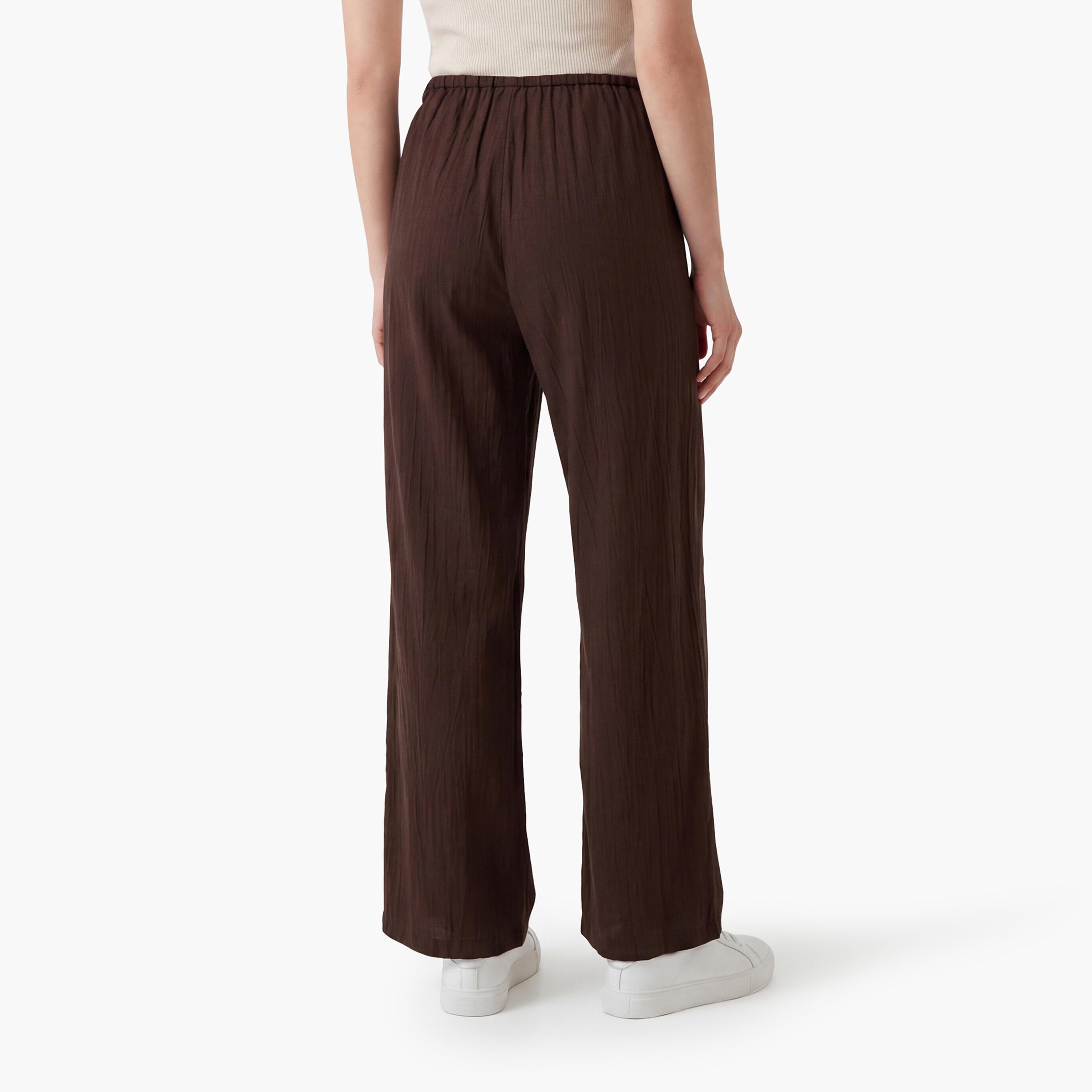 KOTON Brown Textured Drawstring Waist Straight Women's Trousers-women-clothing-bottoms-trousers-image-4