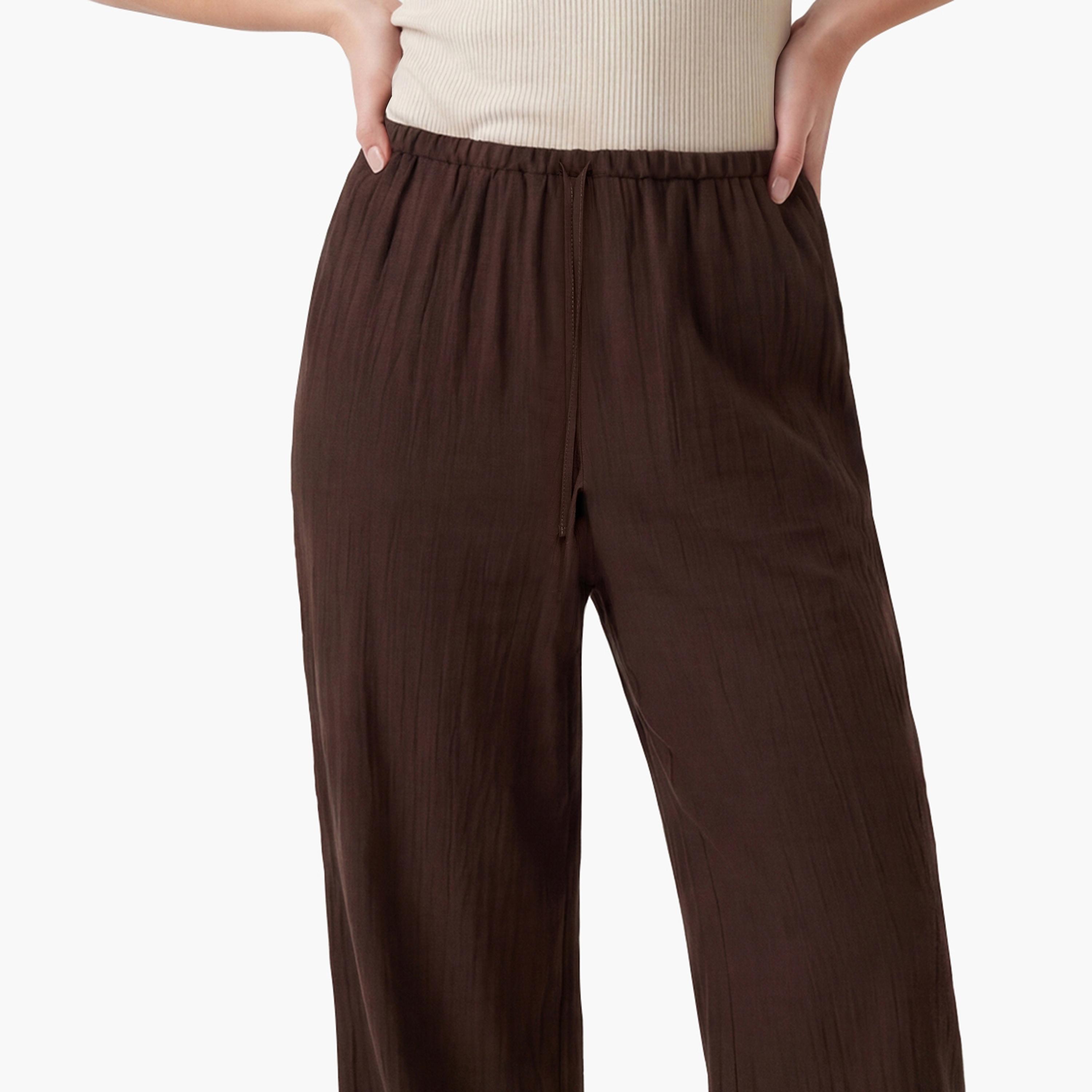 KOTON Brown Textured Drawstring Waist Straight Women's Trousers-women-clothing-bottoms-trousers-image-5