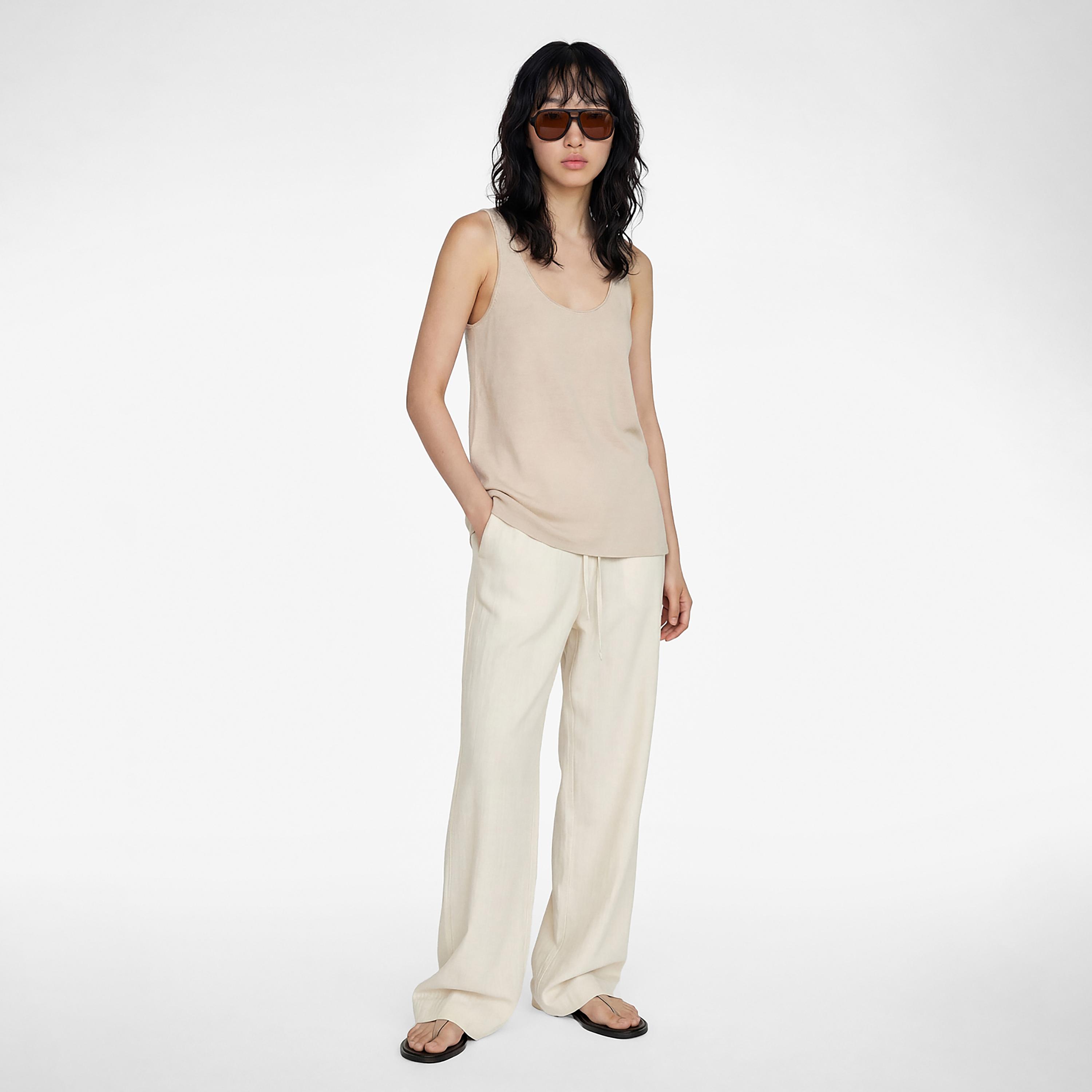 بنطلون نسائي واسع الساق بقماش كتان سادة بخصر برباط بلون كريمي من كوتون-women-clothing-bottoms-trousers-image-2