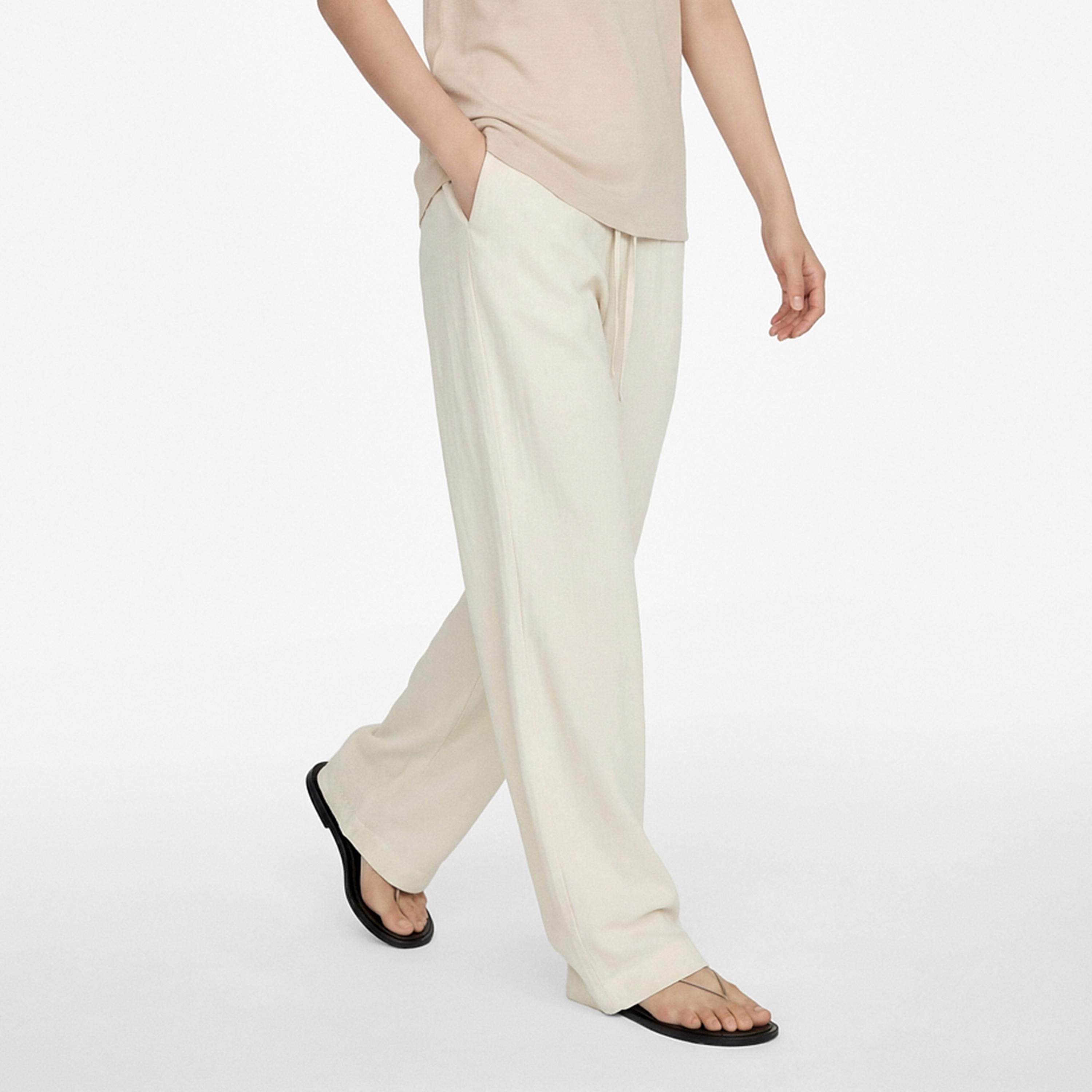 بنطلون نسائي واسع الساق بقماش كتان سادة بخصر برباط بلون كريمي من كوتون-women-clothing-bottoms-trousers-image-3