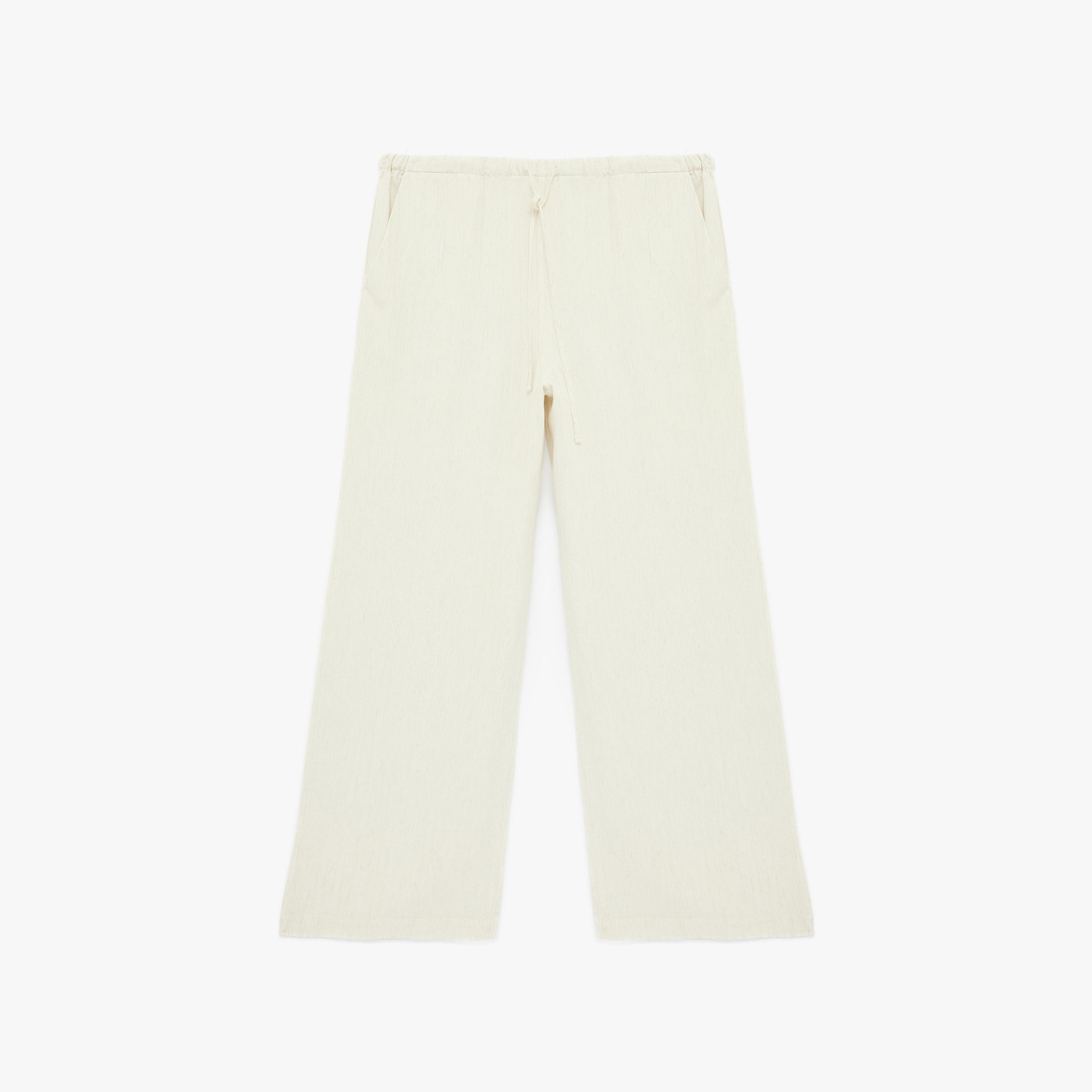 بنطلون نسائي واسع الساق بقماش كتان سادة بخصر برباط بلون كريمي من كوتون-women-clothing-bottoms-trousers-image-4